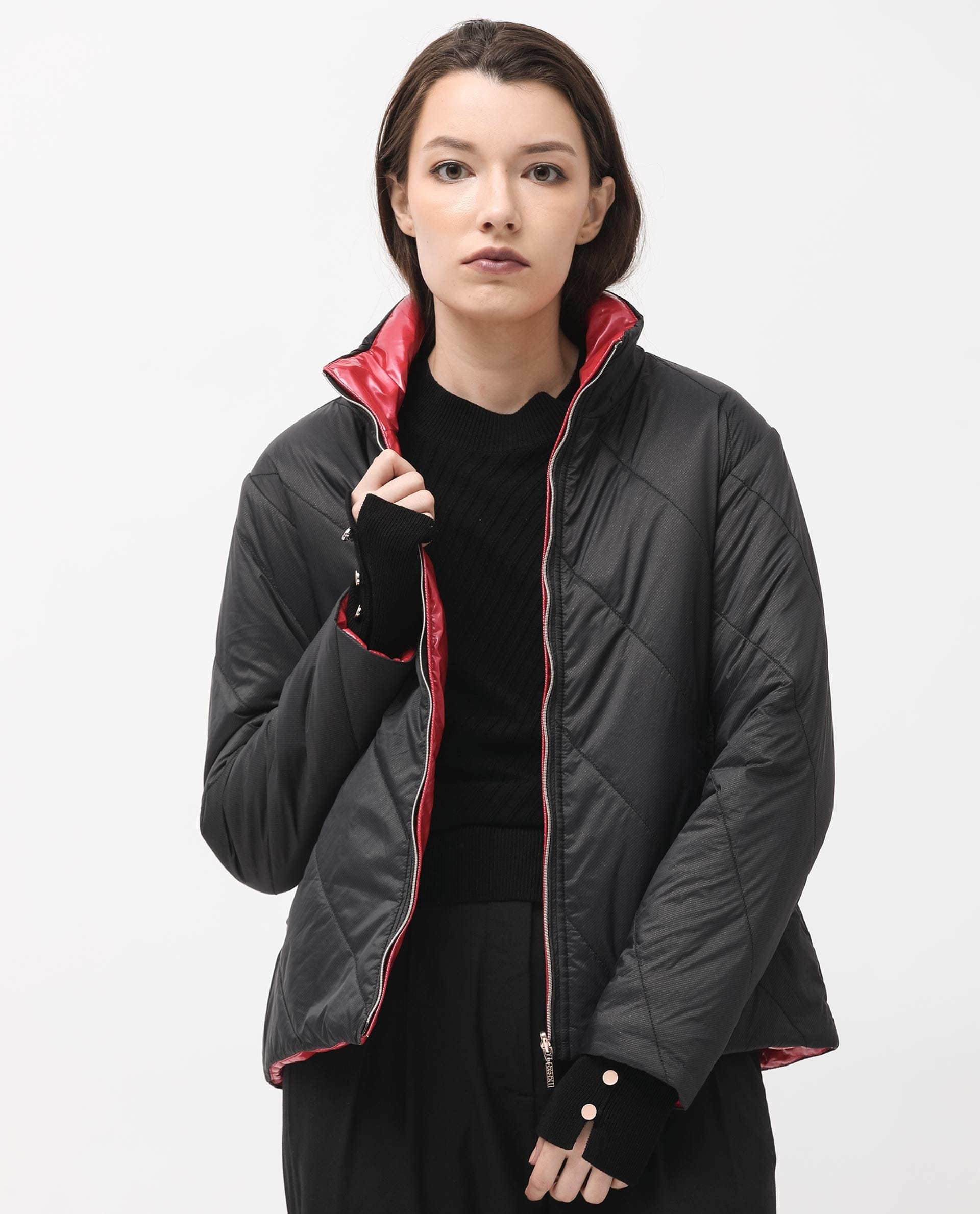 Rareism Women's Sapel Black Polyester High Neck Plain Regular Fit Jacket