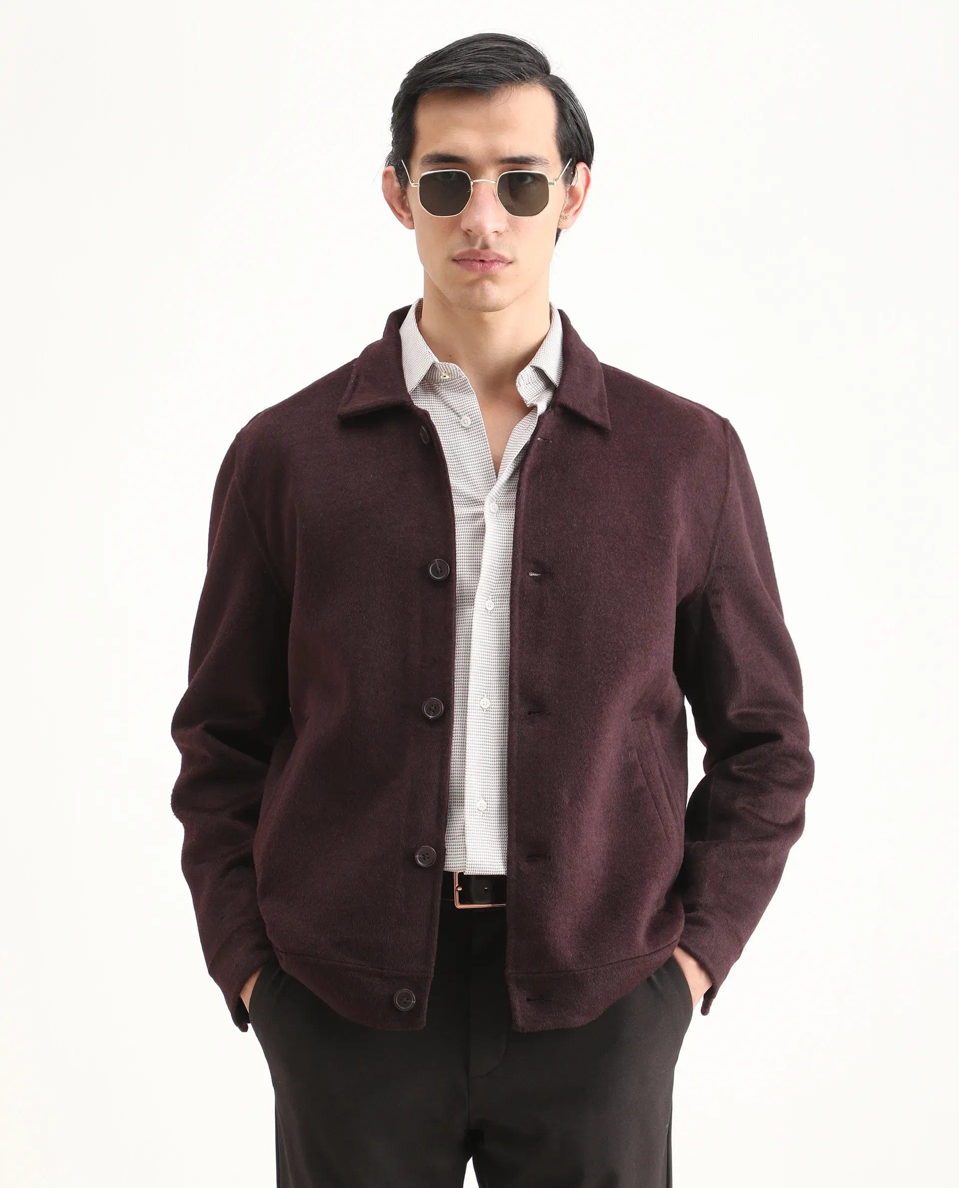 RARE Rabbit Men's Kanei Dark Maroon Polyester Blend Fabric Collared Neck Regular Plain Jacket