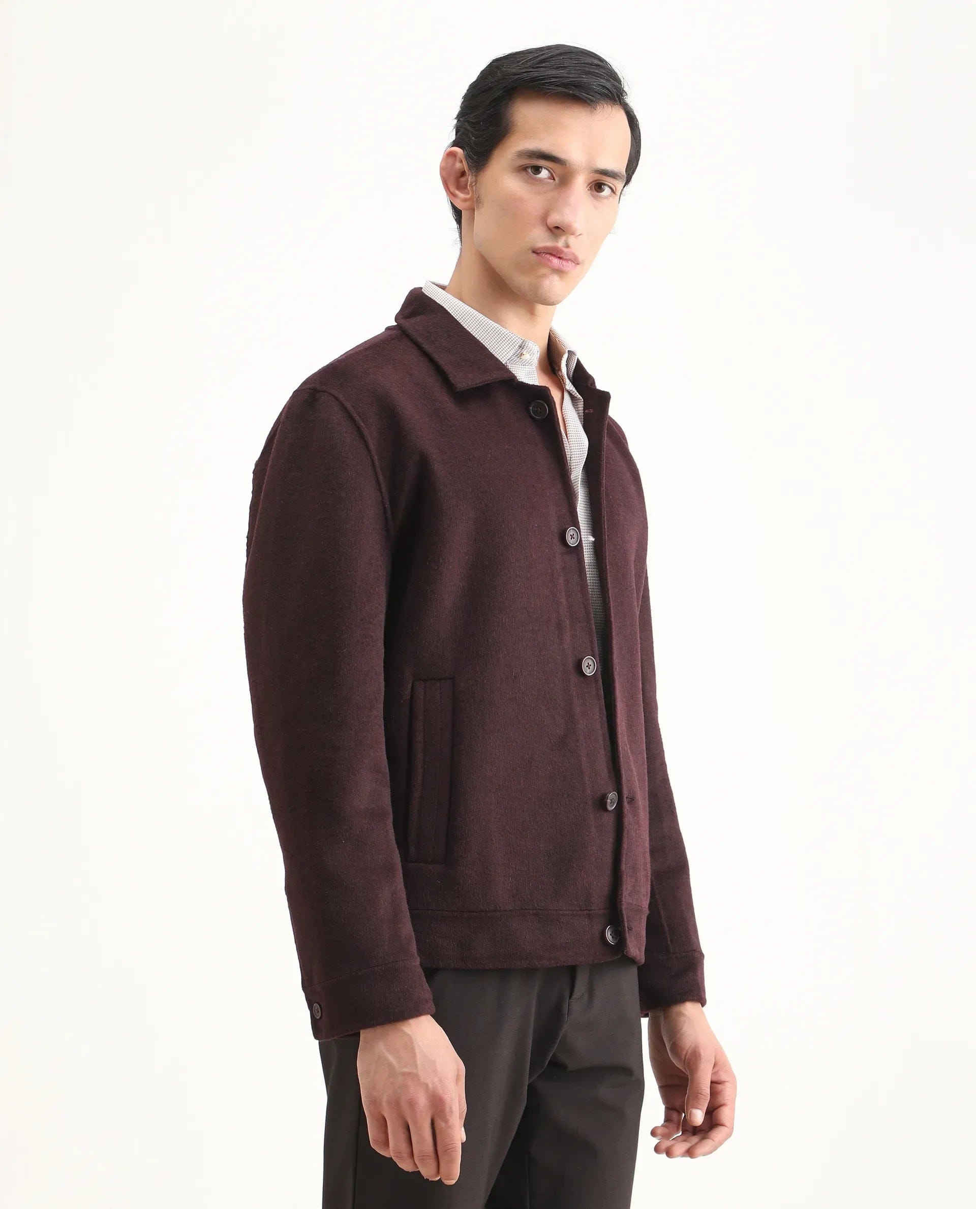 RARE Rabbit Men's Kanei Dark Maroon Polyester Blend Fabric Collared Neck Regular Plain Jacket