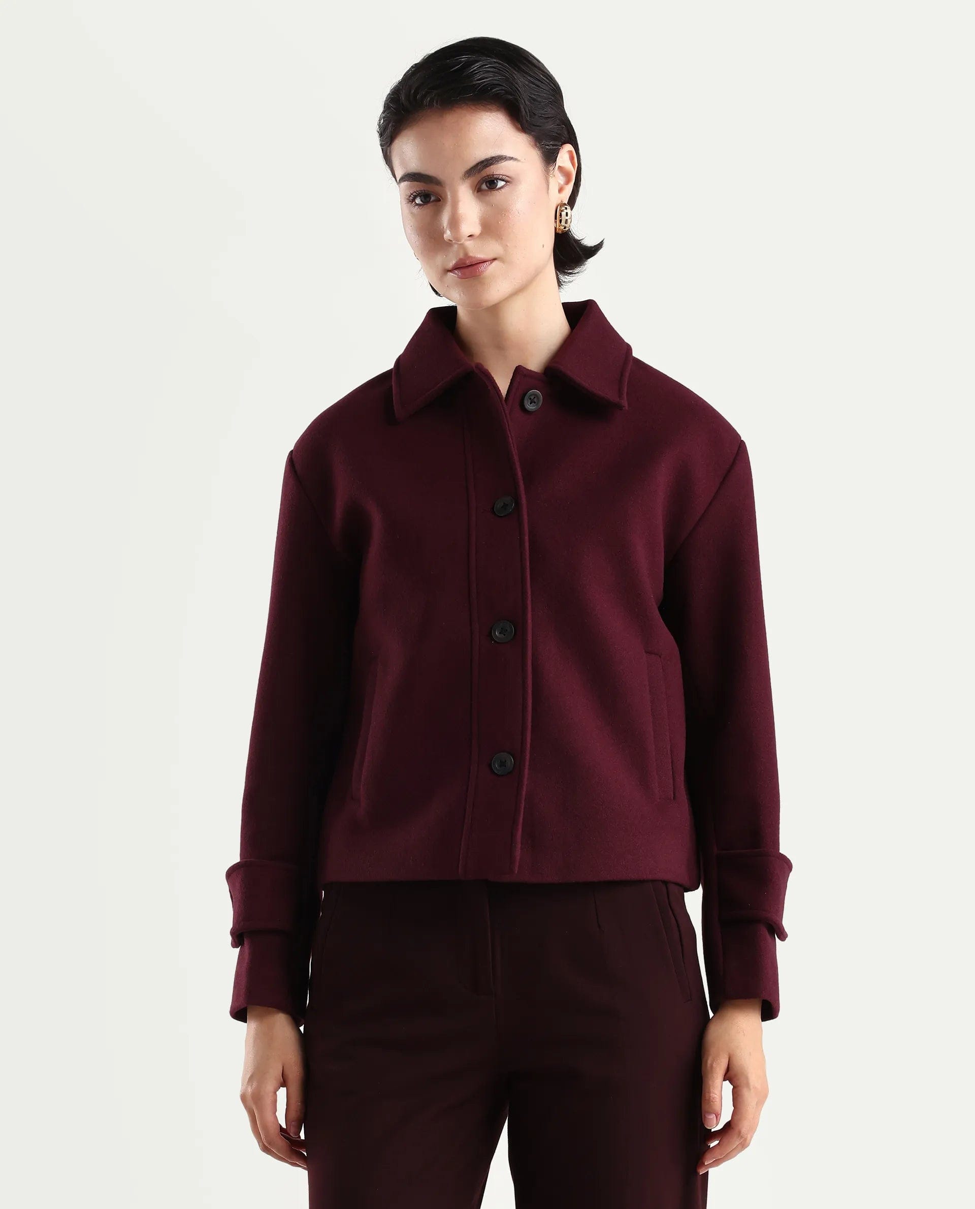 Rareism Women's Nikzo Wine Polyester Blend Spread Collar Regular Fit Jacket