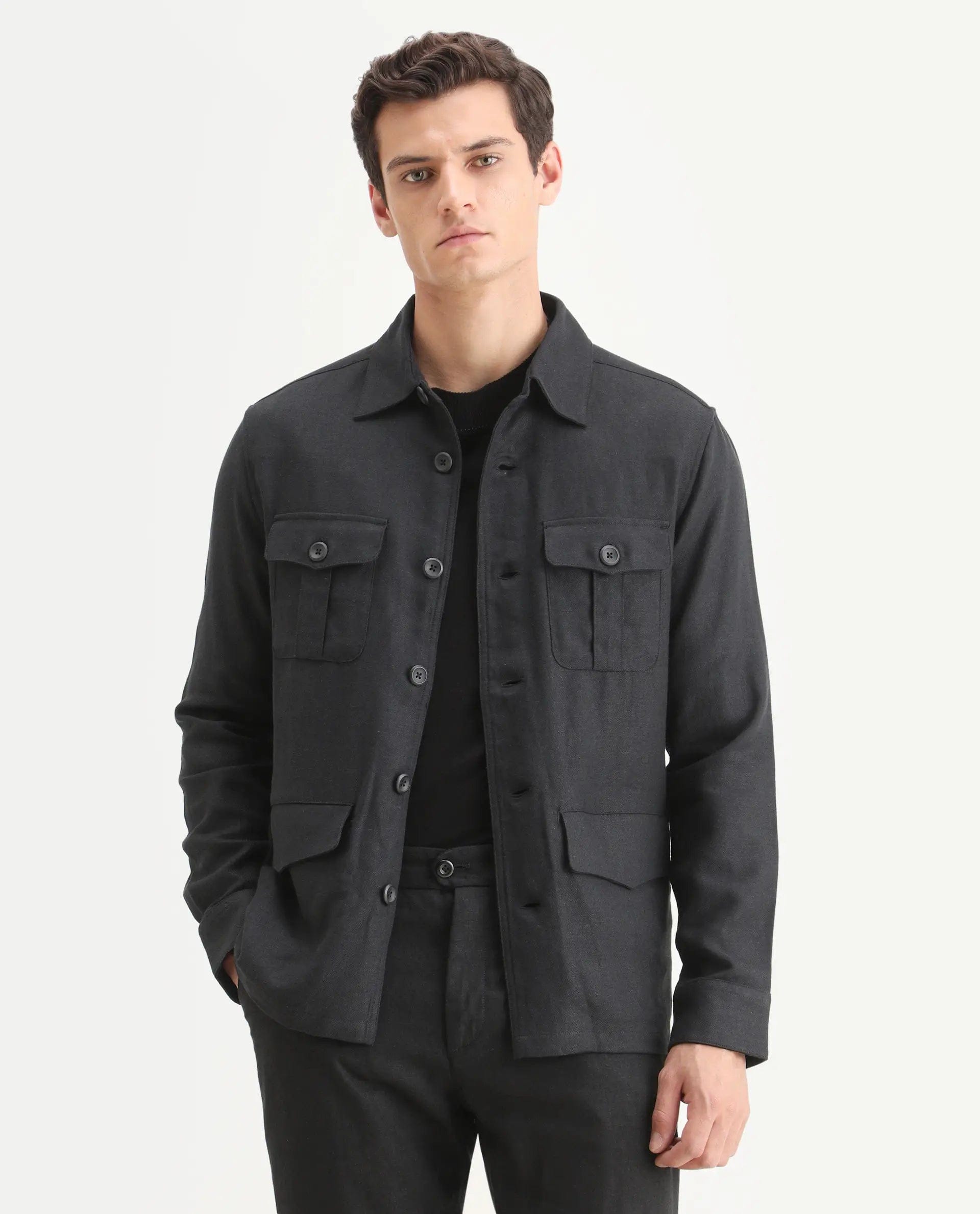RARE Rabbit Men's Masoni - T Black Linen Blend Fabric Collared Neck Regular Fit Plain Jacket