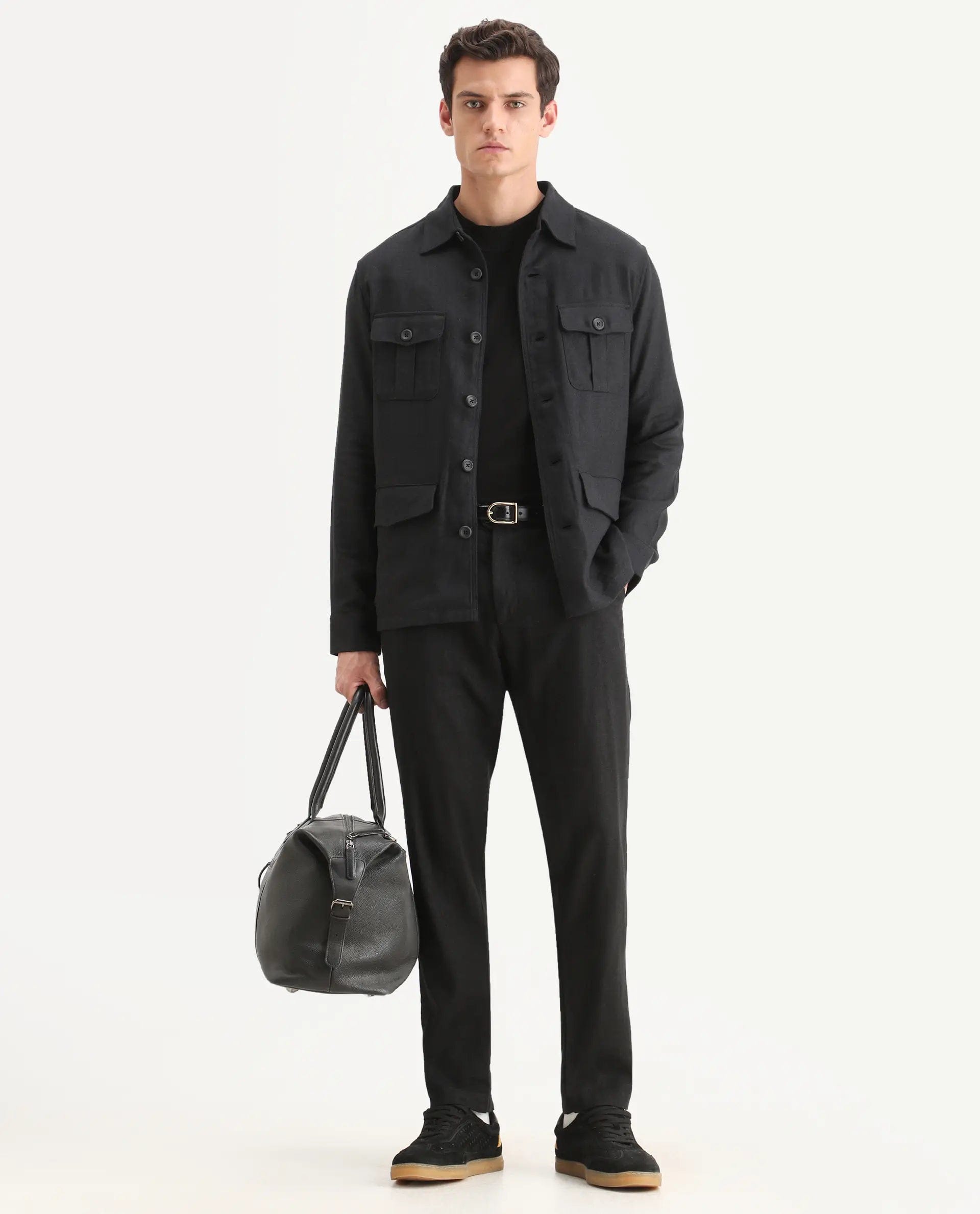RARE Rabbit Men's Masoni - T Black Linen Blend Fabric Collared Neck Regular Fit Plain Jacket