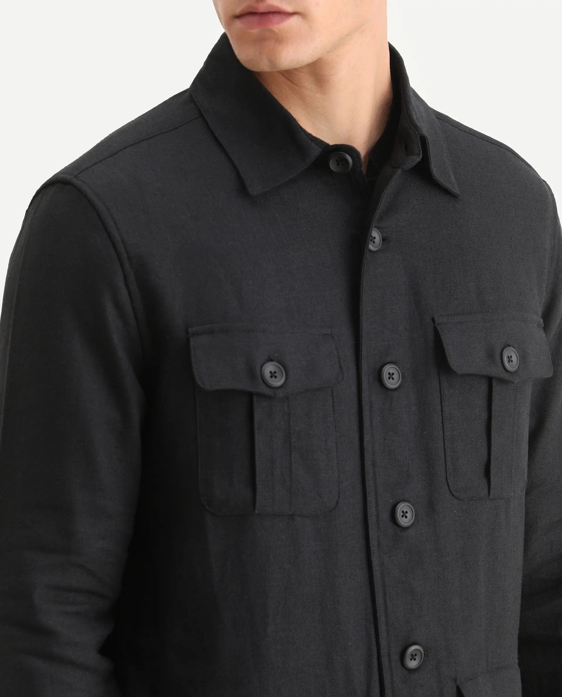 RARE Rabbit Men's Masoni - T Black Linen Blend Fabric Collared Neck Regular Fit Plain Jacket