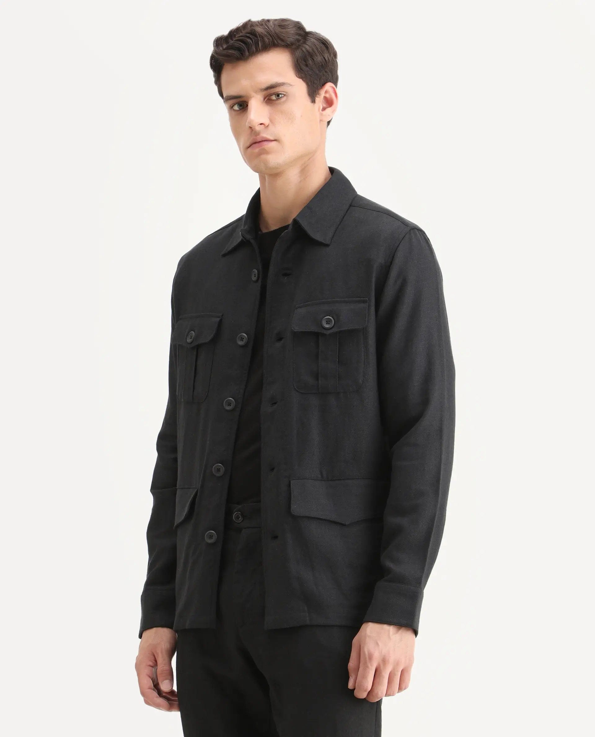 RARE Rabbit Men's Masoni - T Black Linen Blend Fabric Collared Neck Regular Fit Plain Jacket