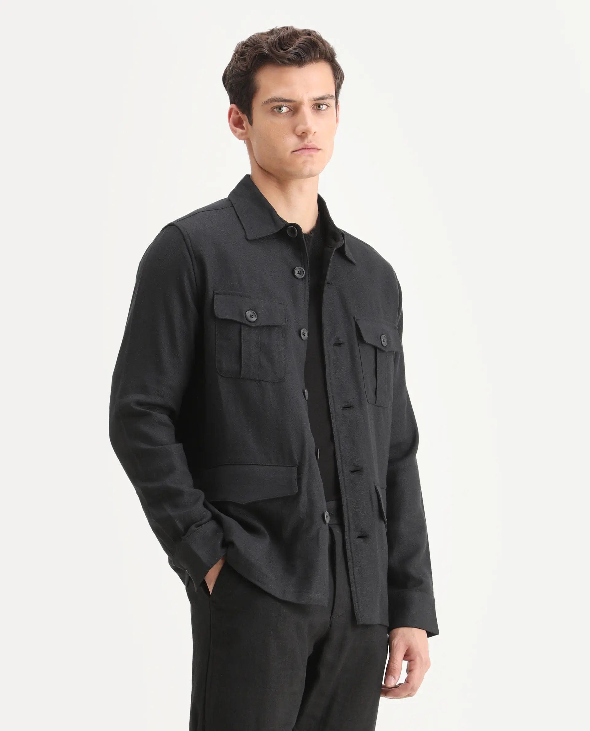 RARE Rabbit Men's Masoni - T Black Linen Blend Fabric Collared Neck Regular Fit Plain Jacket