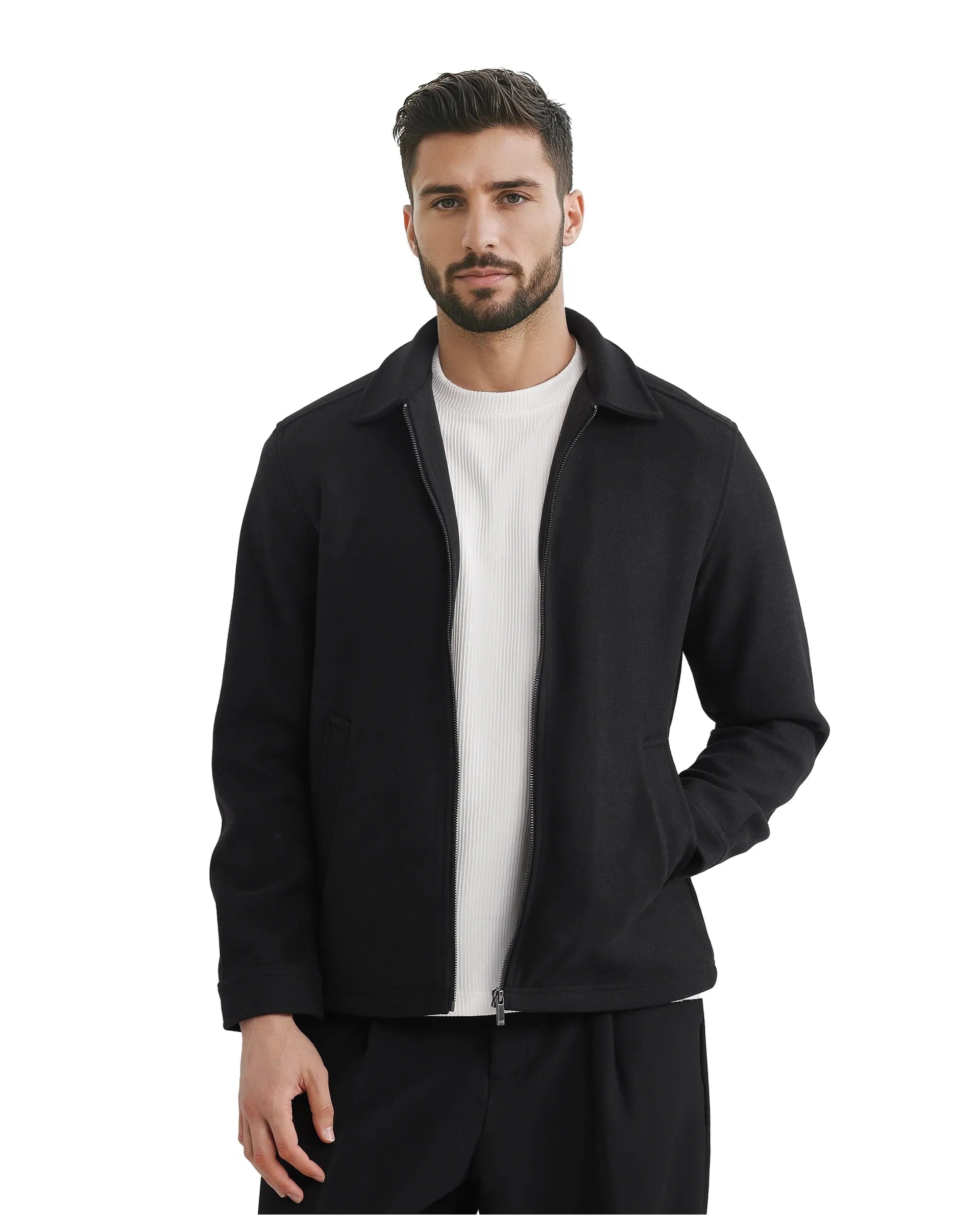 RARE Rabbit Men's Tweeder - 2 Black Polyester Plain Relaxed Fit Full Sleeve Spread Collar Jacket