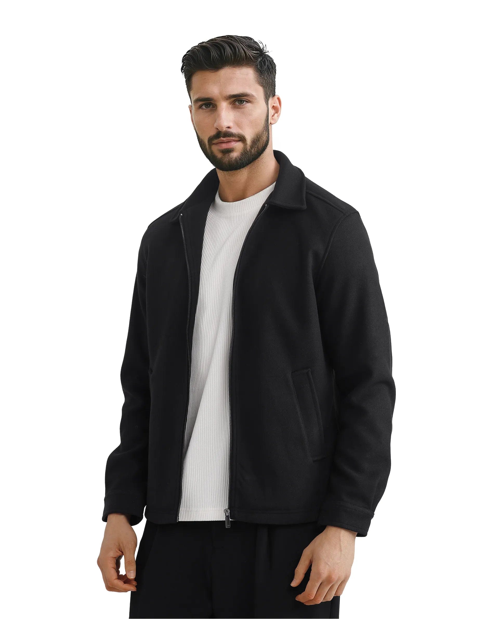 RARE Rabbit Men's Tweeder - 2 Black Polyester Plain Relaxed Fit Full Sleeve Spread Collar Jacket