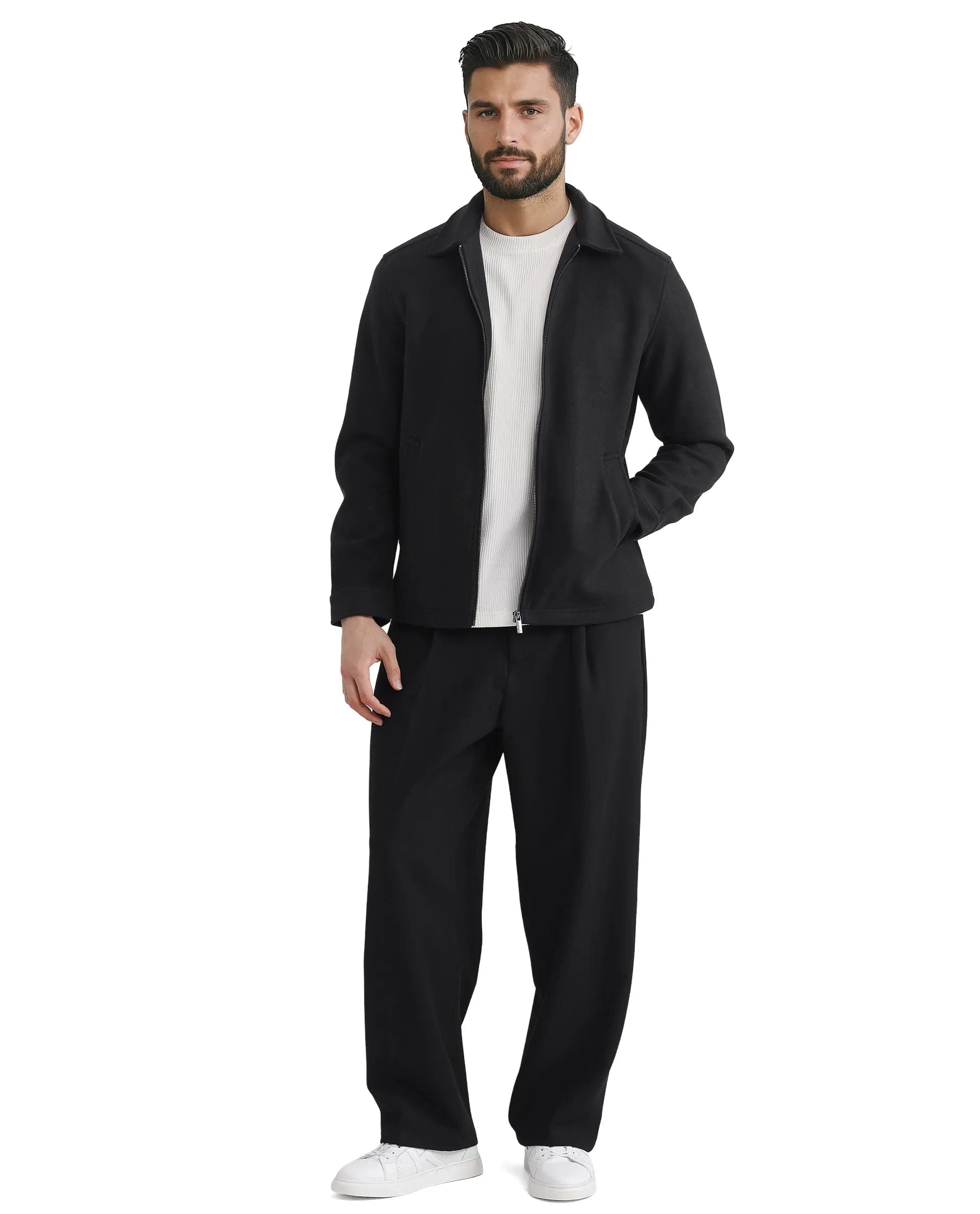 RARE Rabbit Men's Tweeder - 2 Black Polyester Plain Relaxed Fit Full Sleeve Spread Collar Jacket