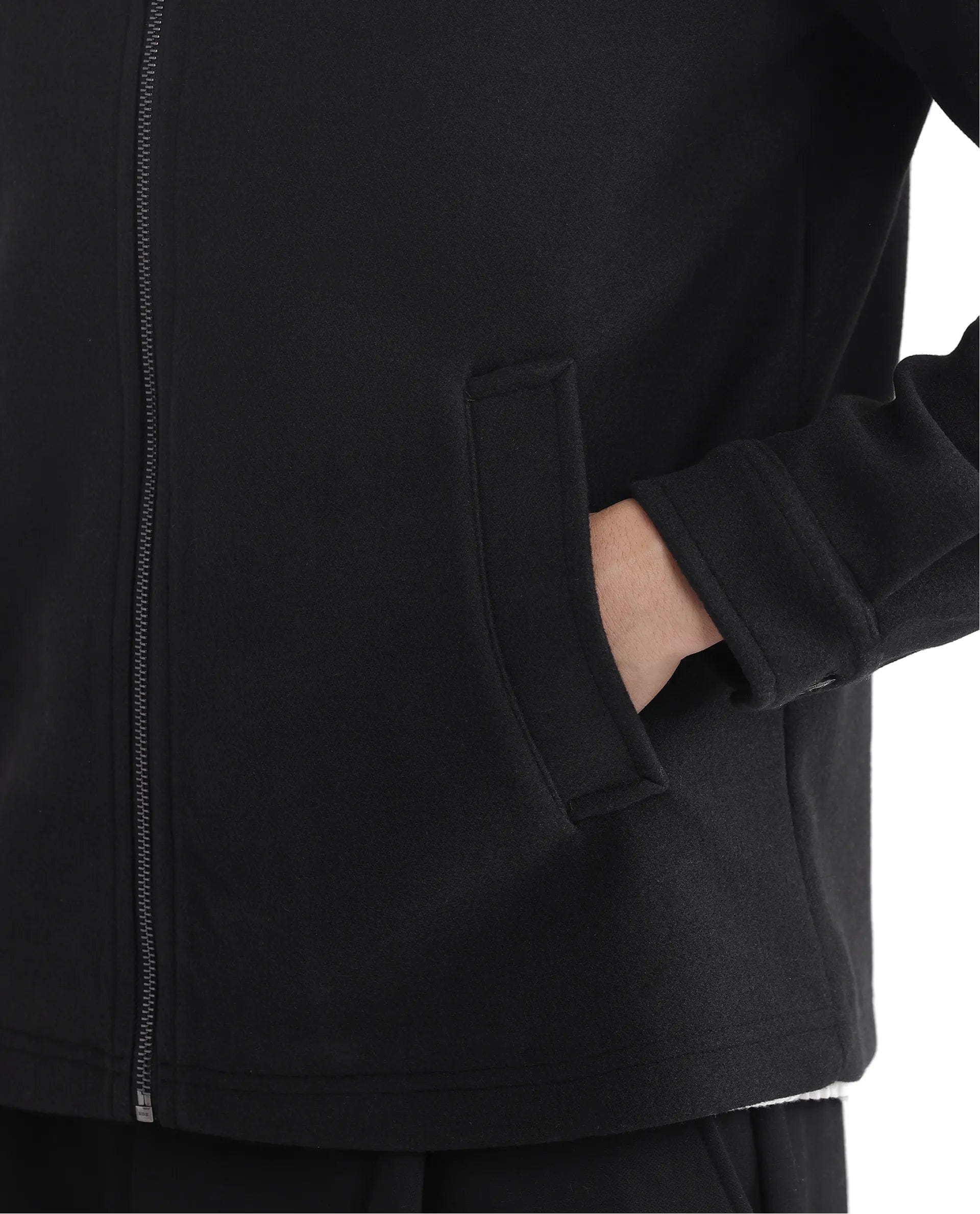 RARE Rabbit Men's Tweeder - 2 Black Polyester Plain Relaxed Fit Full Sleeve Spread Collar Jacket