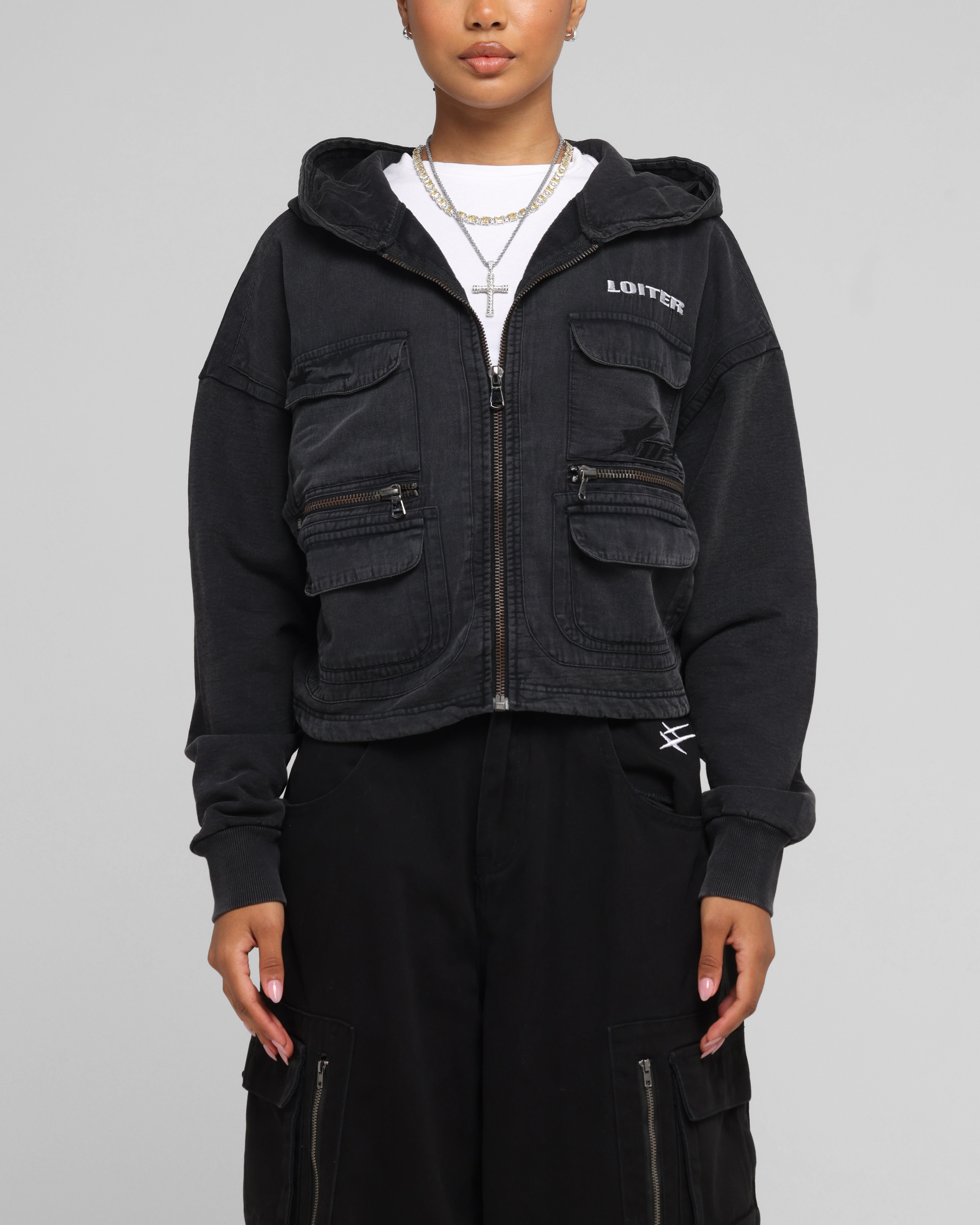 Loiter Women's Utility Cropped Hoodie Washed Black