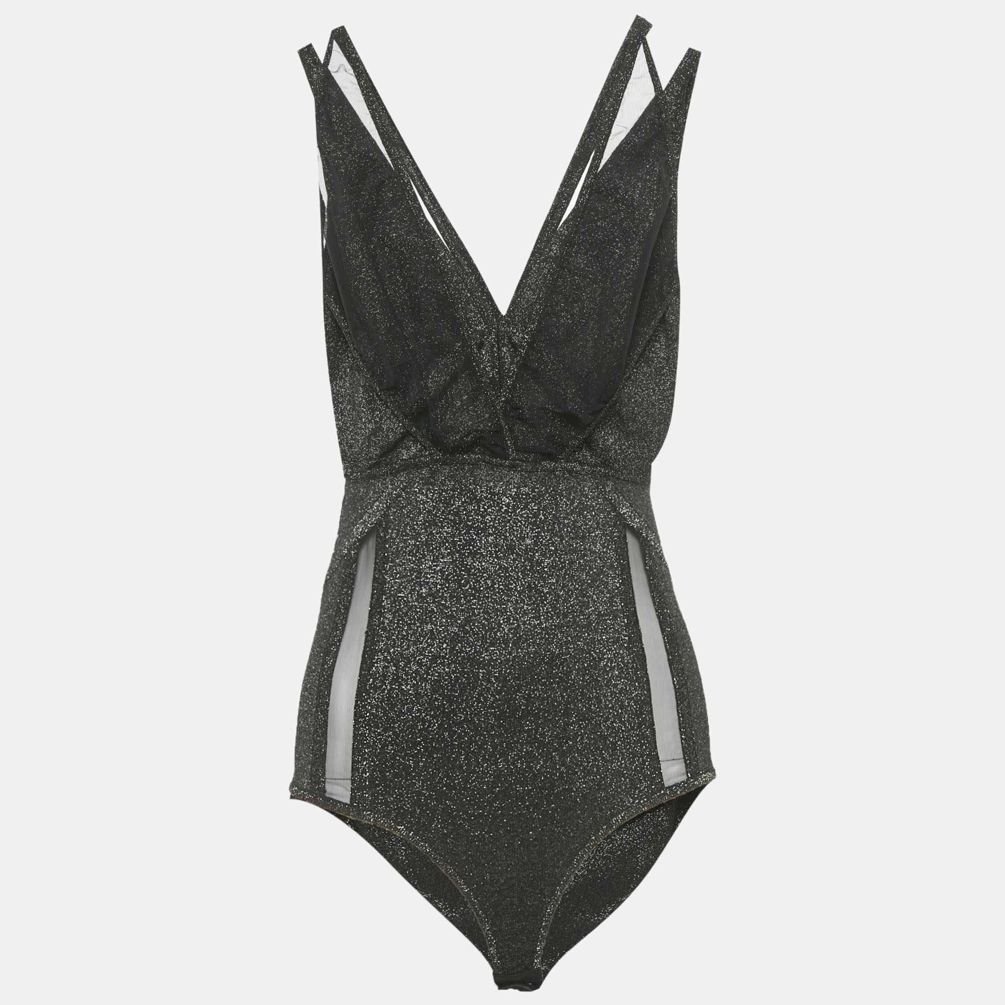 Elie Saab Black Lurex Jersey & Tulle Trim Bodysuit