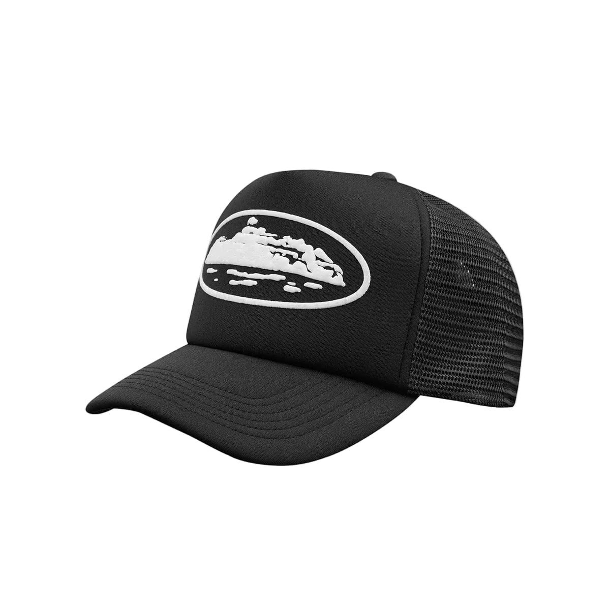 Corteiz Island Puff Print Trucker Hat Black White