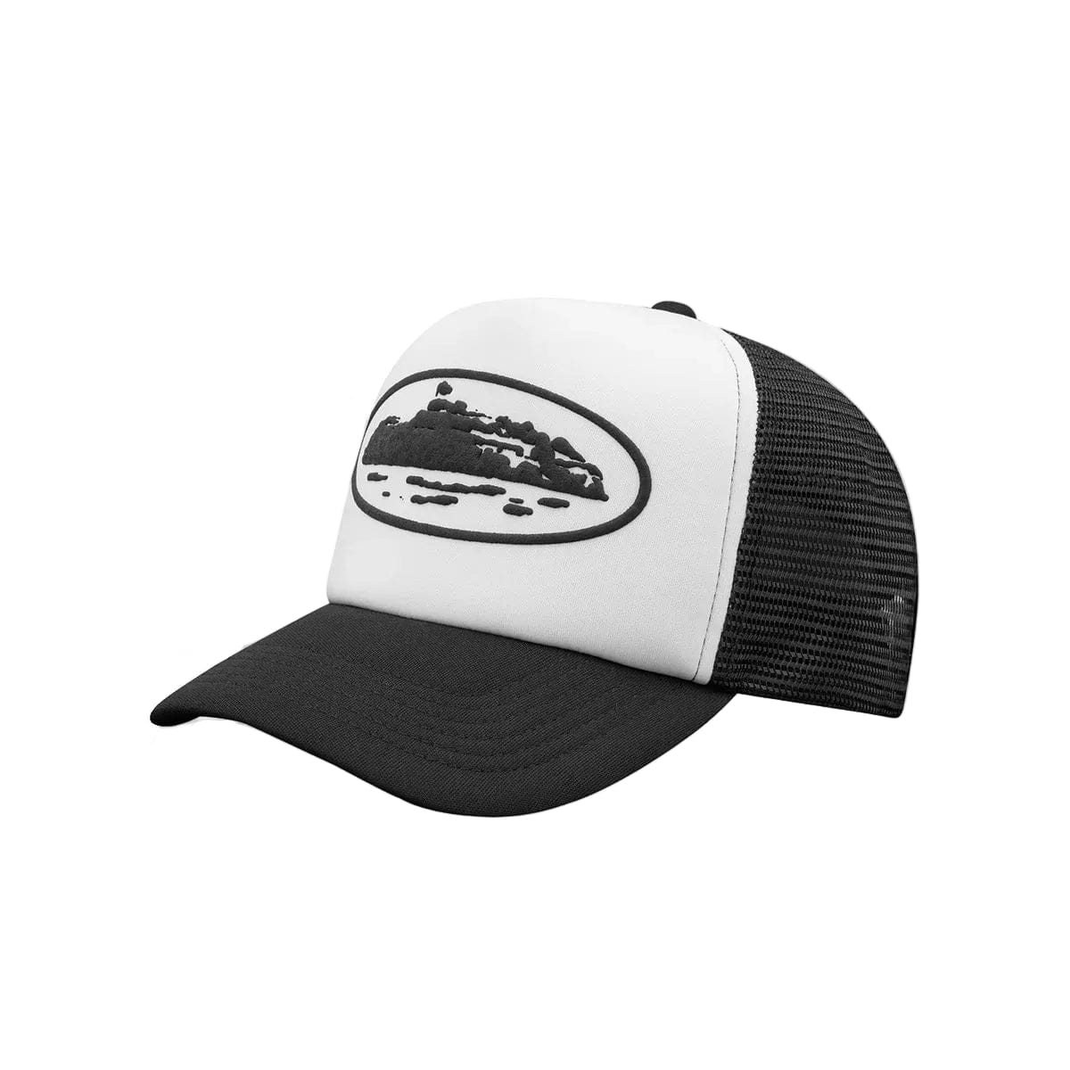 Corteiz Island Puff Print Trucker Hat White Black