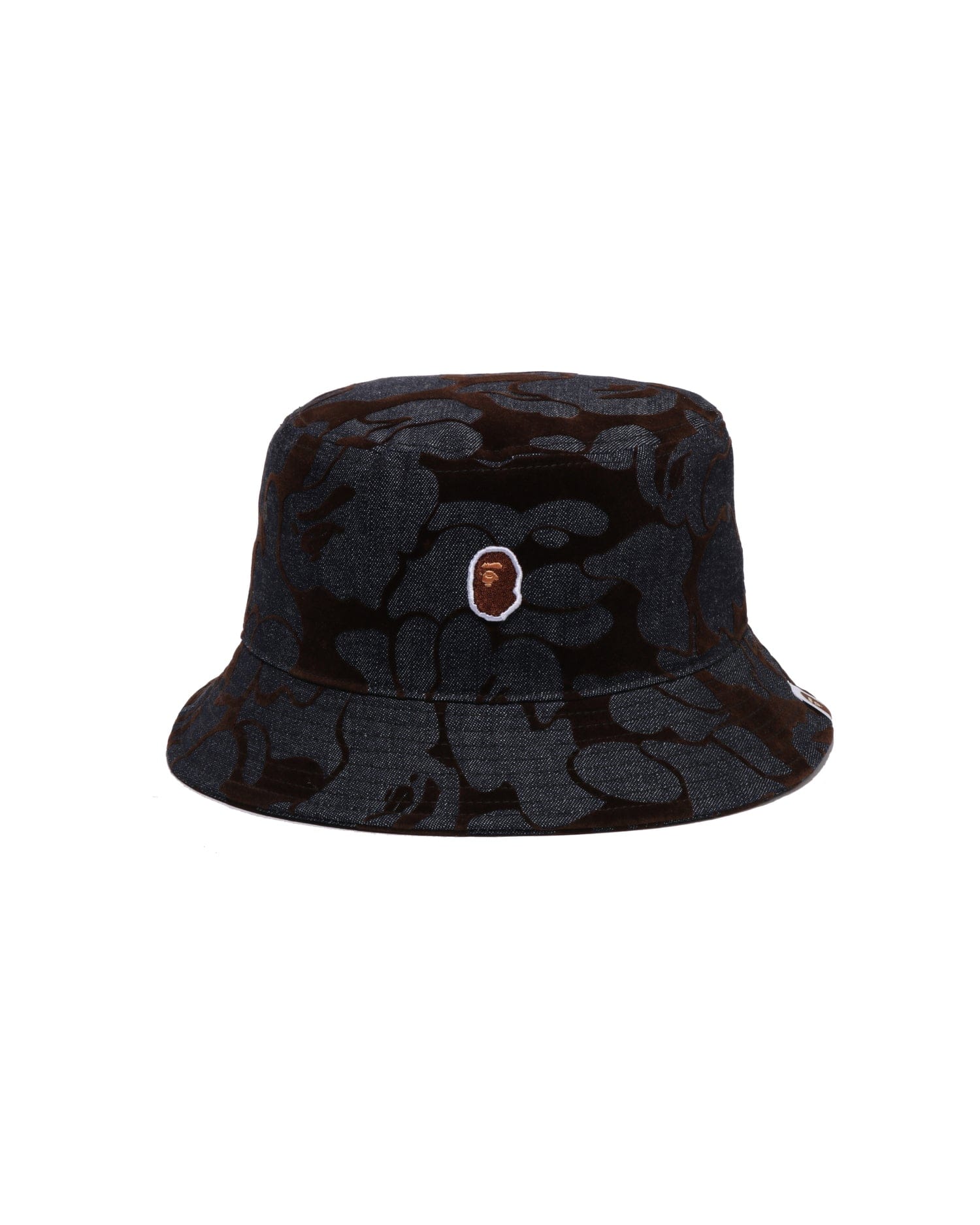 A Bathing APE Camo Flocked Denim One Point Bucket Hat