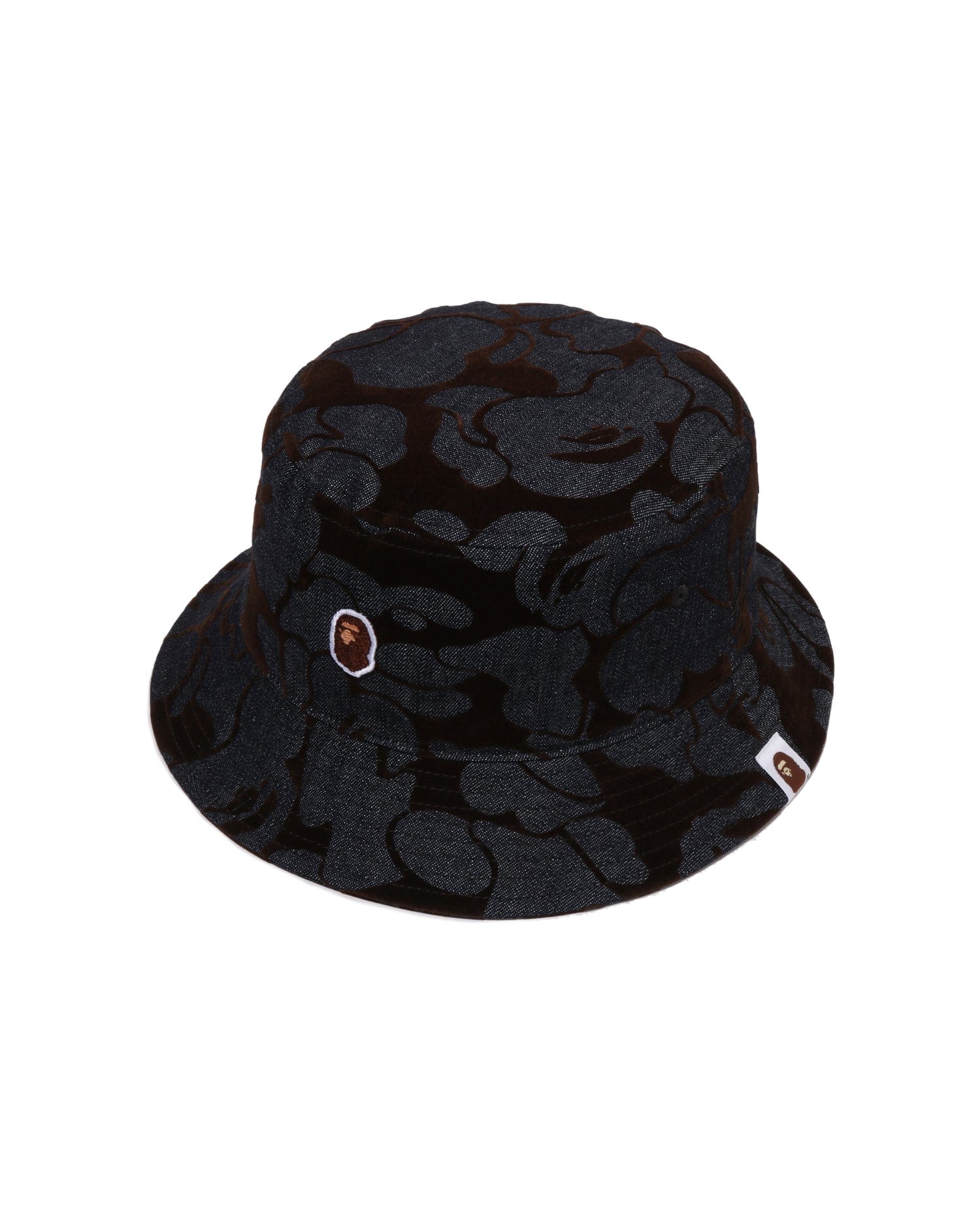 A Bathing APE Camo Flocked Denim One Point Bucket Hat