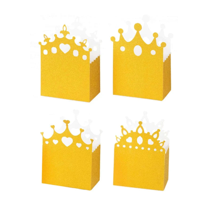 PRINCESS 20 - Pack Cardstock Favor Boxes Gold Glitter Princess Crown Design - Regal Fantasy Fairytale Inspired Treat Bags for Wedding Birthday Baby Shower Decorations 3.5"x 2"x 5"