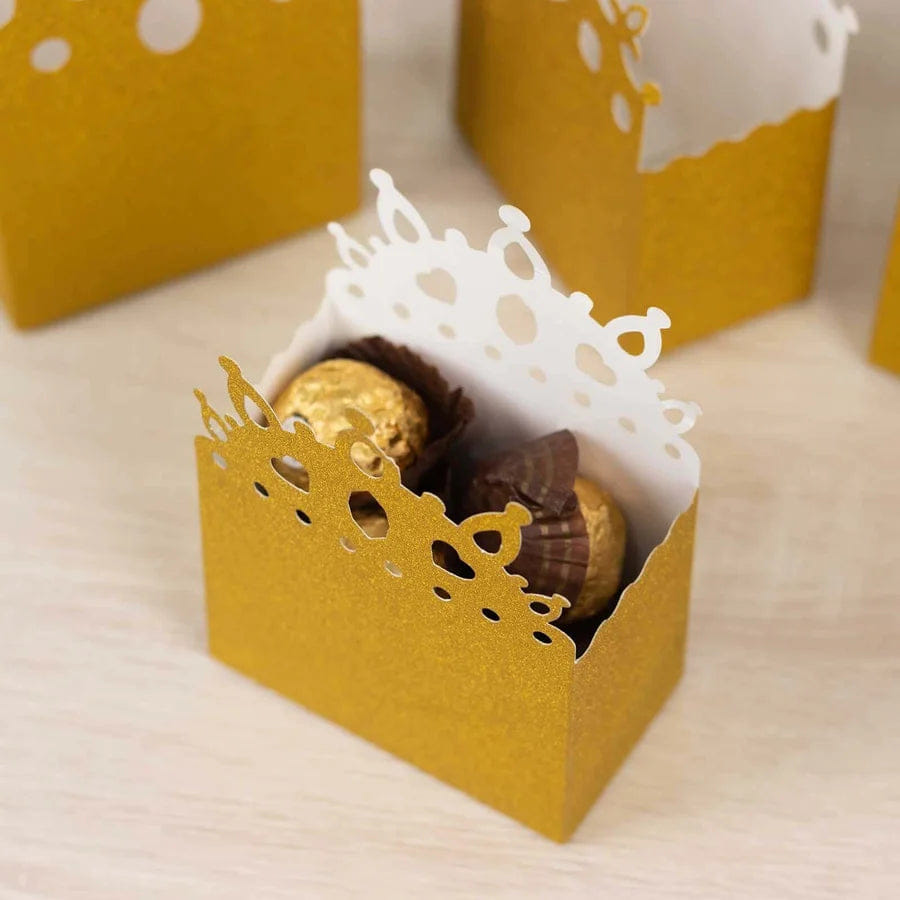 PRINCESS 20 - Pack Cardstock Favor Boxes Gold Glitter Princess Crown Design - Regal Fantasy Fairytale Inspired Treat Bags for Wedding Birthday Baby Shower Decorations 3.5"x 2"x 5"