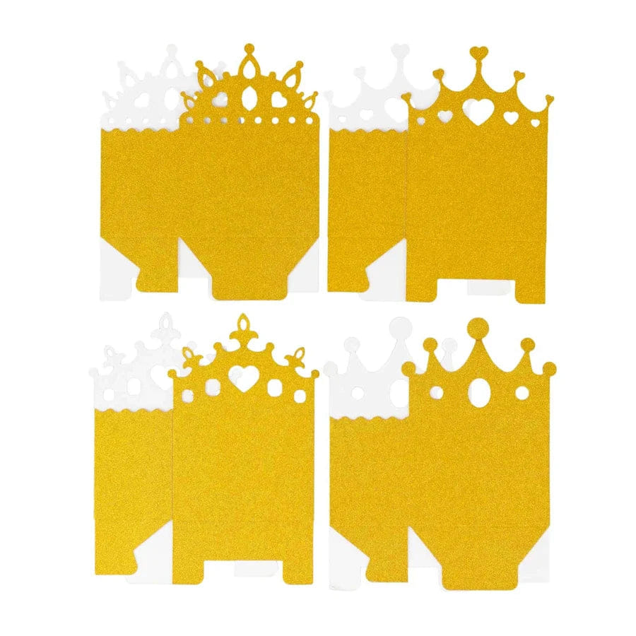 PRINCESS 20 - Pack Cardstock Favor Boxes Gold Glitter Princess Crown Design - Regal Fantasy Fairytale Inspired Treat Bags for Wedding Birthday Baby Shower Decorations 3.5"x 2"x 5"