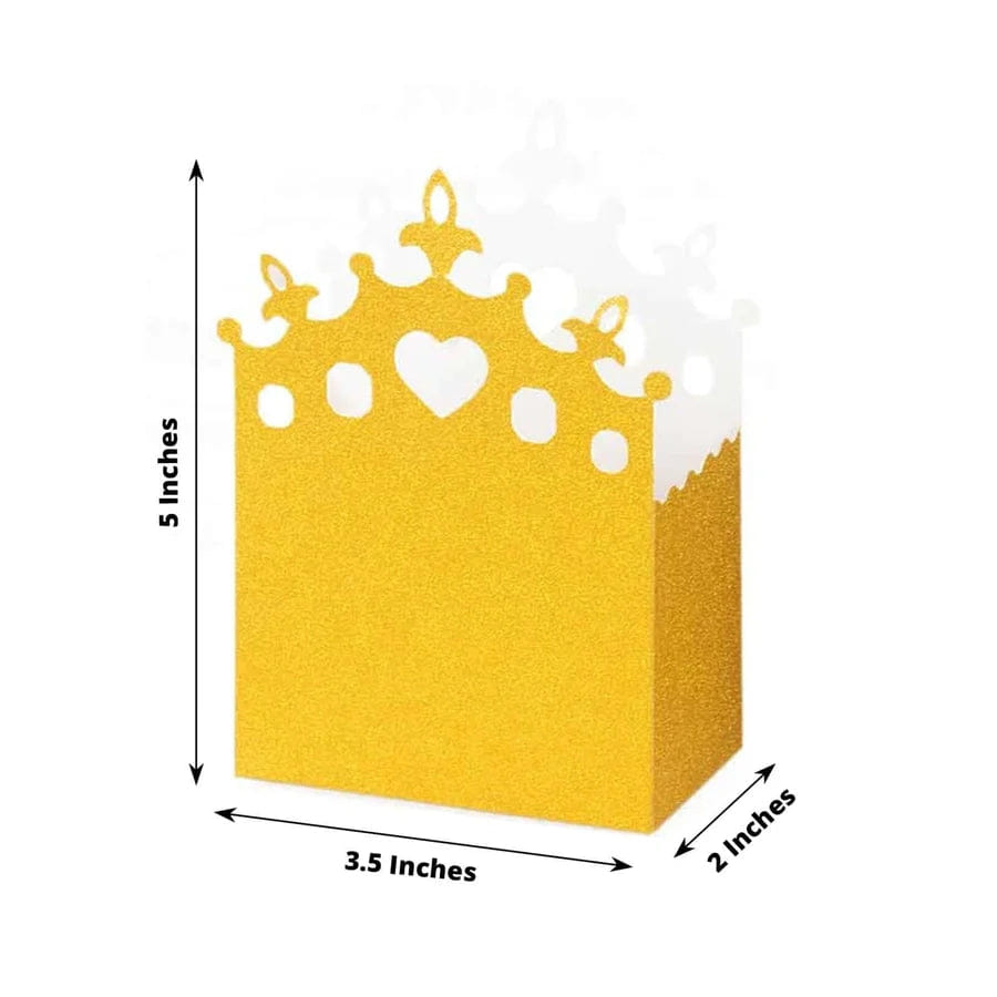 PRINCESS 20 - Pack Cardstock Favor Boxes Gold Glitter Princess Crown Design - Regal Fantasy Fairytale Inspired Treat Bags for Wedding Birthday Baby Shower Decorations 3.5"x 2"x 5"