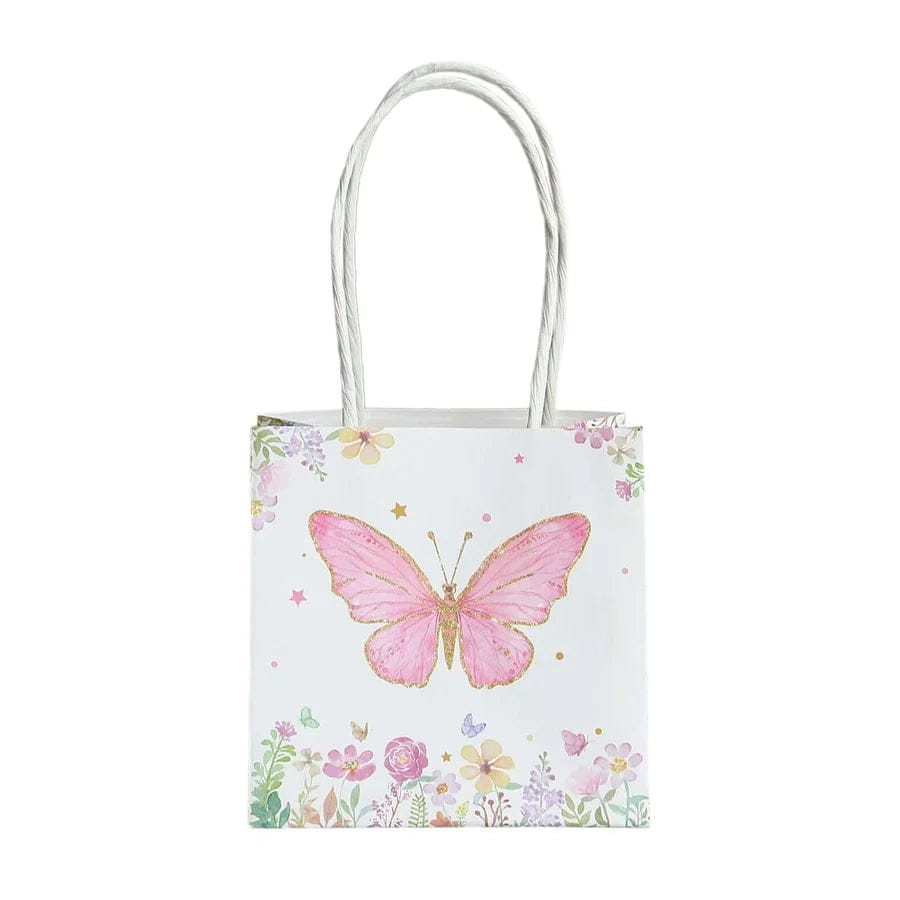 BUTTERFLY 12 Pack Pink Glitter Butterfly Paper Favor Bags With Handles, Floral Print White Goodie Gift Bags - 4"x4"