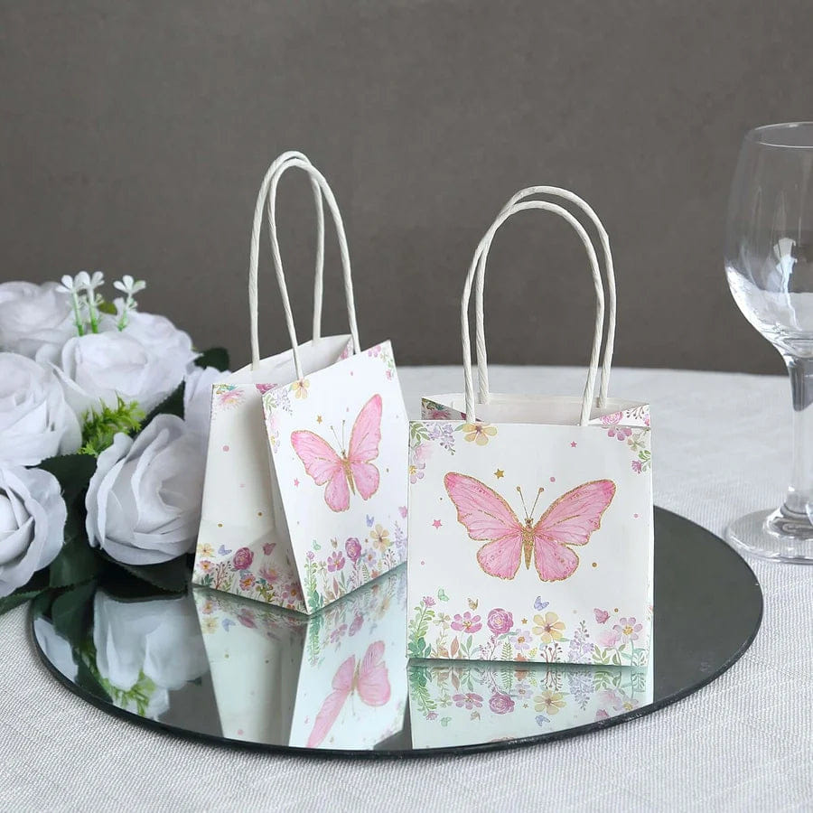 BUTTERFLY 12 Pack Pink Glitter Butterfly Paper Favor Bags With Handles, Floral Print White Goodie Gift Bags - 4"x4"