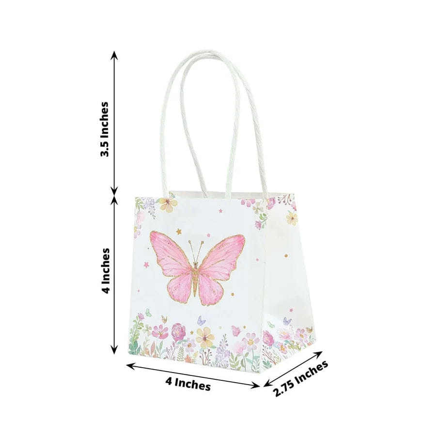 BUTTERFLY 12 Pack Pink Glitter Butterfly Paper Favor Bags With Handles, Floral Print White Goodie Gift Bags - 4"x4"