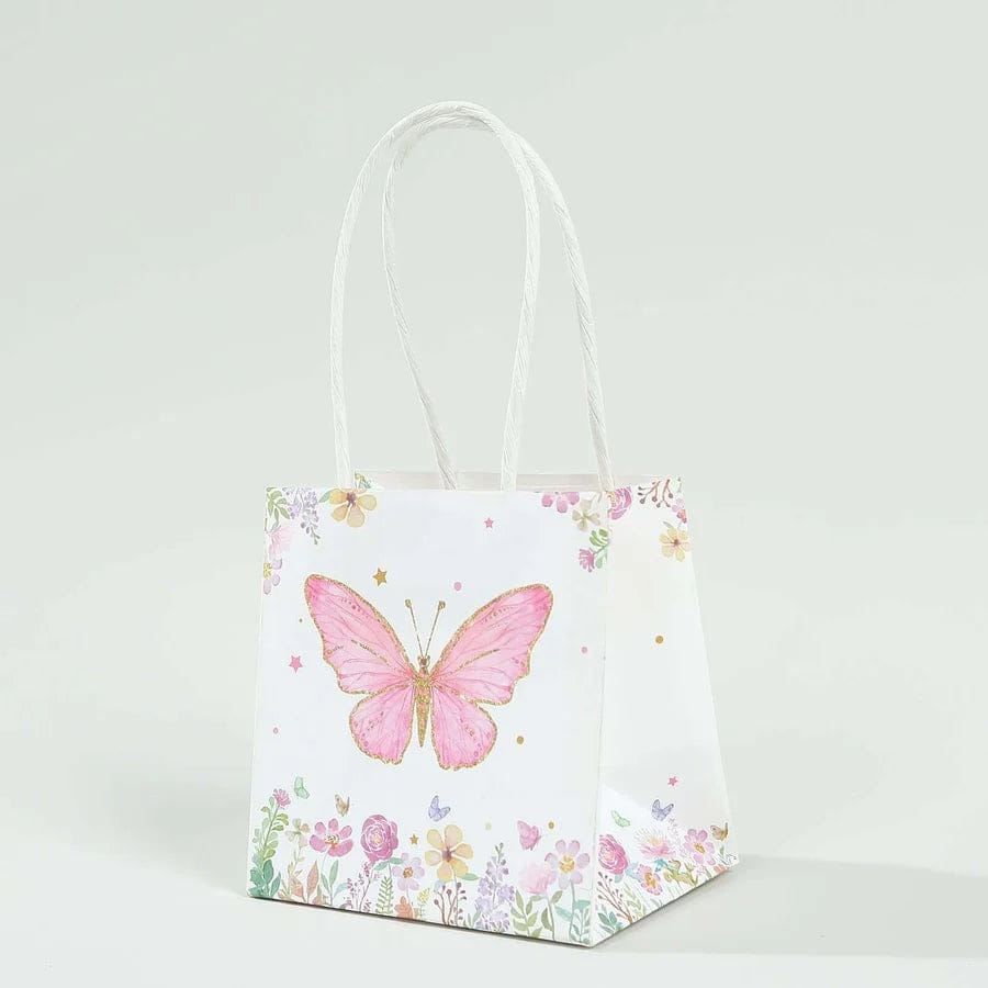 BUTTERFLY 12 Pack Pink Glitter Butterfly Paper Favor Bags With Handles, Floral Print White Goodie Gift Bags - 4"x4"