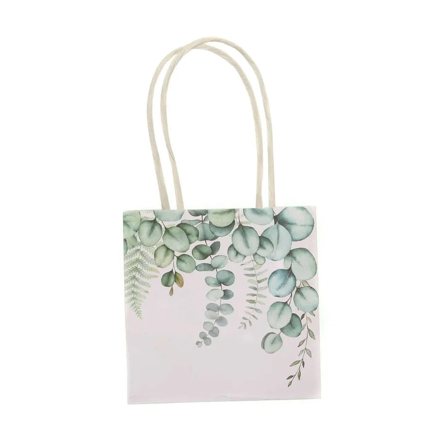 WHITE* 12 Pack White Green Eucalyptus Leaves Paper Party Favor Bags With Handles, Small Gift Goodie Bags - 4"x4"
