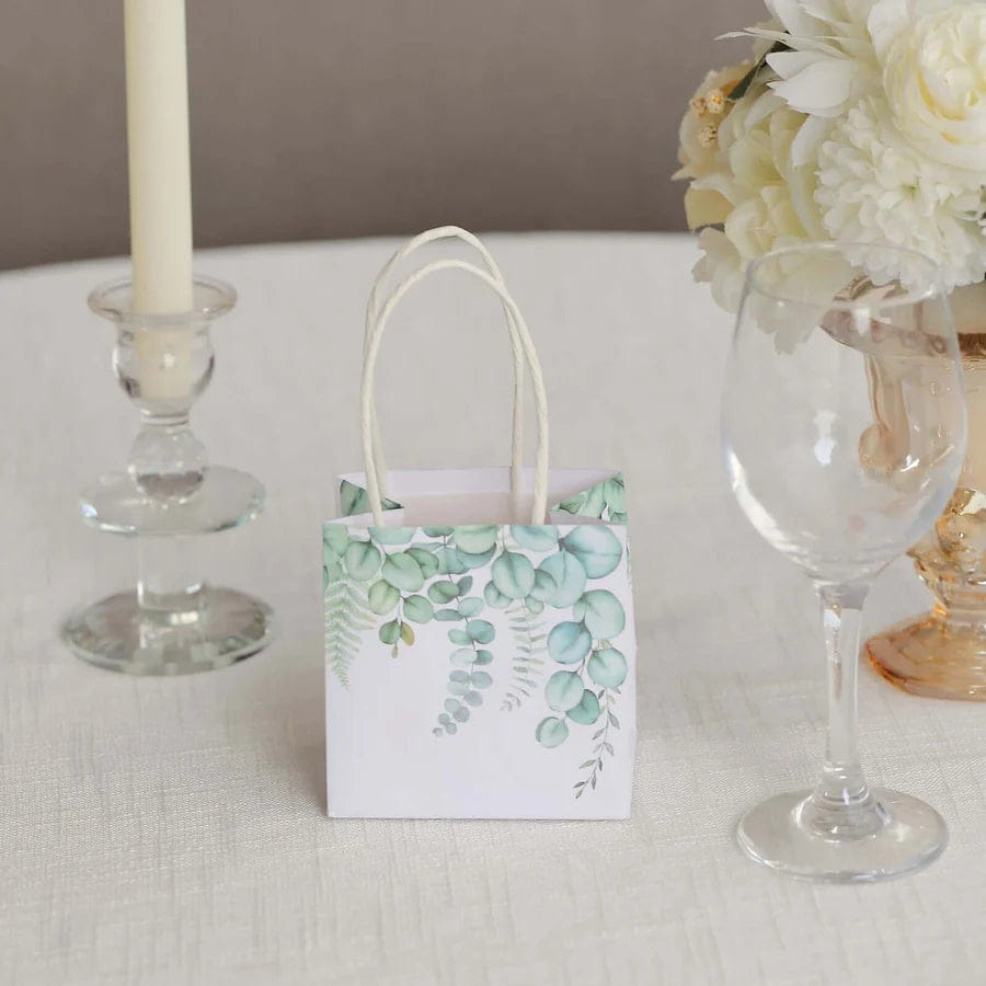 WHITE* 12 Pack White Green Eucalyptus Leaves Paper Party Favor Bags With Handles, Small Gift Goodie Bags - 4"x4"