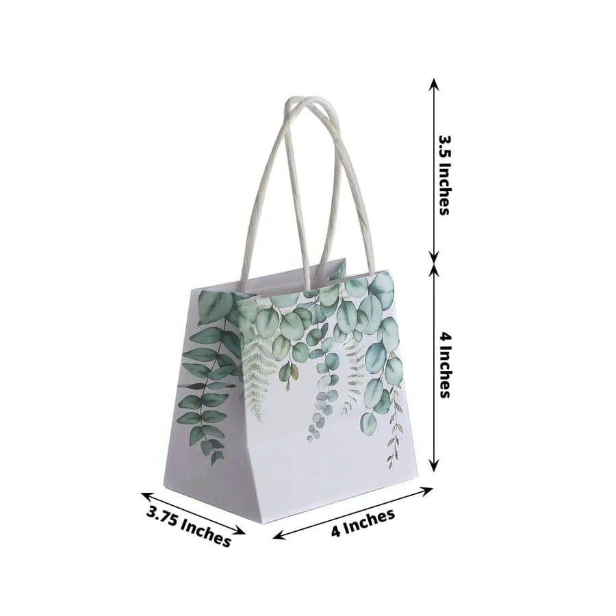 WHITE* 12 Pack White Green Eucalyptus Leaves Paper Party Favor Bags With Handles, Small Gift Goodie Bags - 4"x4"