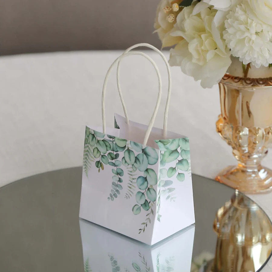 WHITE* 12 Pack White Green Eucalyptus Leaves Paper Party Favor Bags With Handles, Small Gift Goodie Bags - 4"x4"