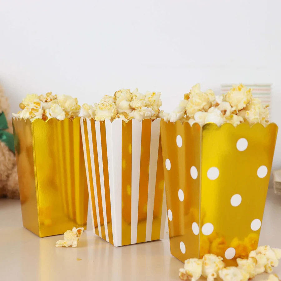 WHITE* 36 Pack 5" White Gold Design Mini Paper Popcorn Boxes, Candy Favor Disposable Bags - Stripe, Polka Dot, Solid Style