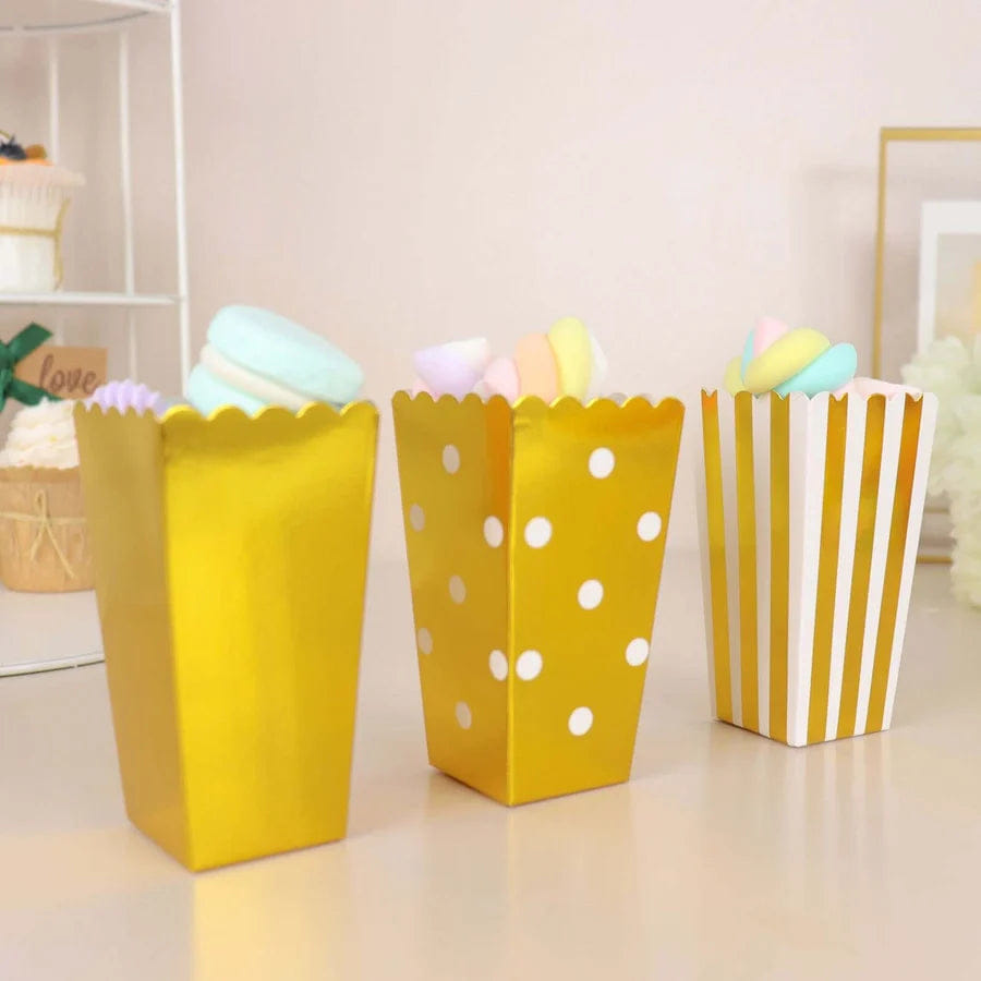 WHITE* 36 Pack 5" White Gold Design Mini Paper Popcorn Boxes, Candy Favor Disposable Bags - Stripe, Polka Dot, Solid Style
