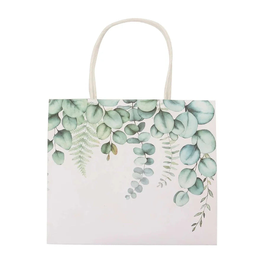 WHITE* 12 Pack White Green Eucalyptus Leaves Paper Party Favor Bags With Handles, Gift Goodie Bags - 6"x7"