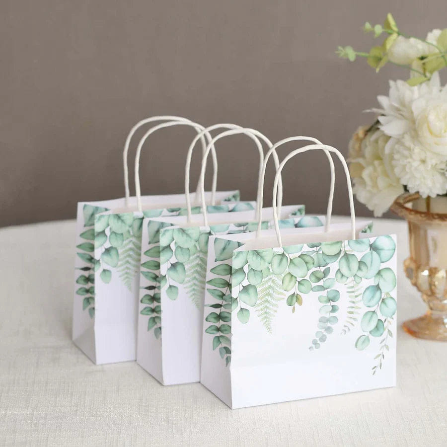 WHITE* 12 Pack White Green Eucalyptus Leaves Paper Party Favor Bags With Handles, Gift Goodie Bags - 6"x7"