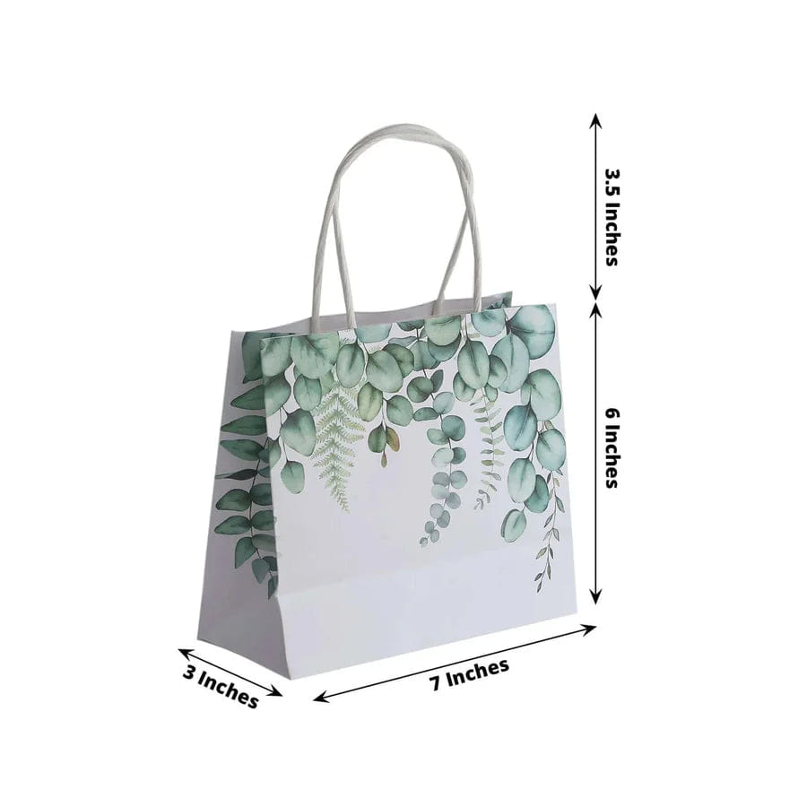 WHITE* 12 Pack White Green Eucalyptus Leaves Paper Party Favor Bags With Handles, Gift Goodie Bags - 6"x7"