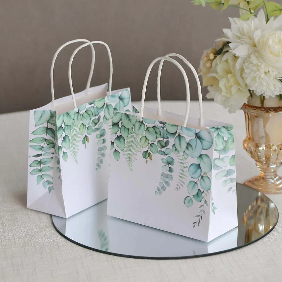 WHITE* 12 Pack White Green Eucalyptus Leaves Paper Party Favor Bags With Handles, Gift Goodie Bags - 6"x7"