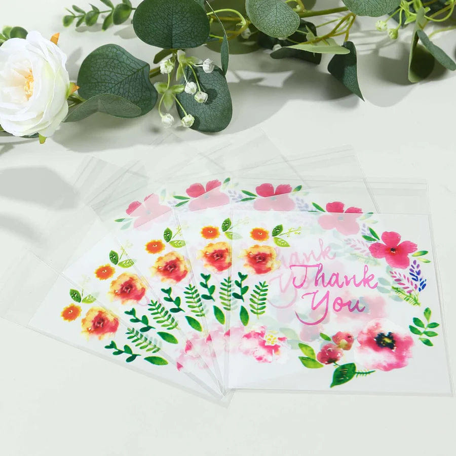 WHITE* 100 Pack White Clear Cookie Candy Bags, Decorative Self Seal Goodie Bags with Thank You Floral Accents for Wedding Party Favors