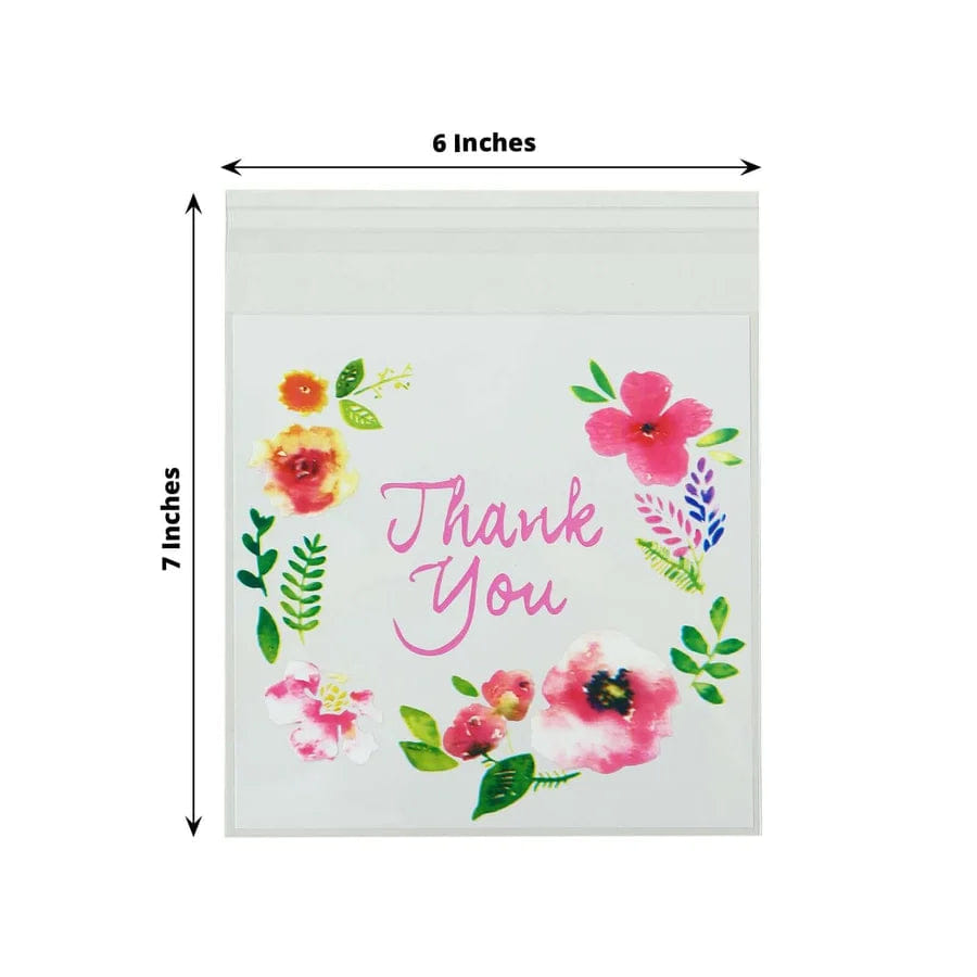 WHITE* 100 Pack White Clear Cookie Candy Bags, Decorative Self Seal Goodie Bags with Thank You Floral Accents for Wedding Party Favors