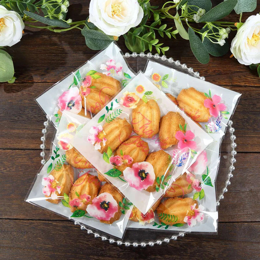 WHITE* 100 Pack White Clear Cookie Candy Bags, Decorative Self Seal Goodie Bags with Thank You Floral Accents for Wedding Party Favors