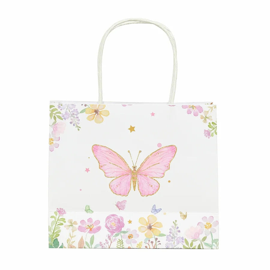 BUTTERFLY 12 Pack Pink Glitter Butterfly Paper Favor Bags with Handles, Floral Print White Goodie Gift Bags - 6"x7"