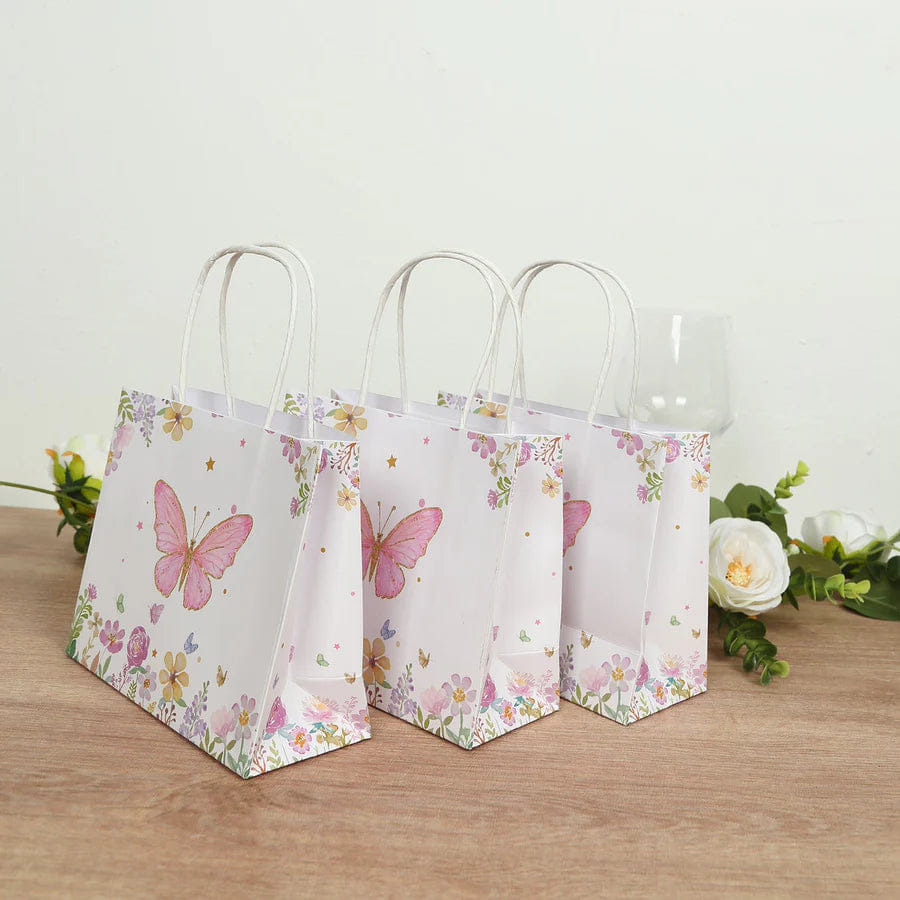 BUTTERFLY 12 Pack Pink Glitter Butterfly Paper Favor Bags with Handles, Floral Print White Goodie Gift Bags - 6"x7"