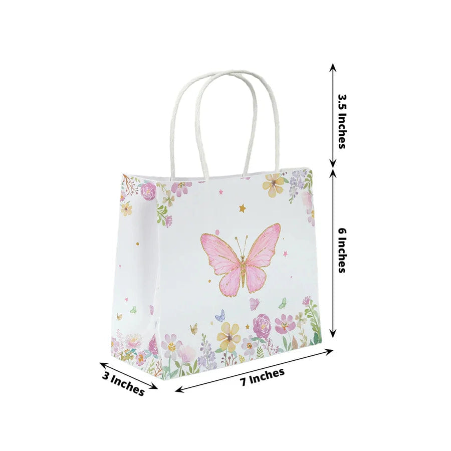 BUTTERFLY 12 Pack Pink Glitter Butterfly Paper Favor Bags with Handles, Floral Print White Goodie Gift Bags - 6"x7"