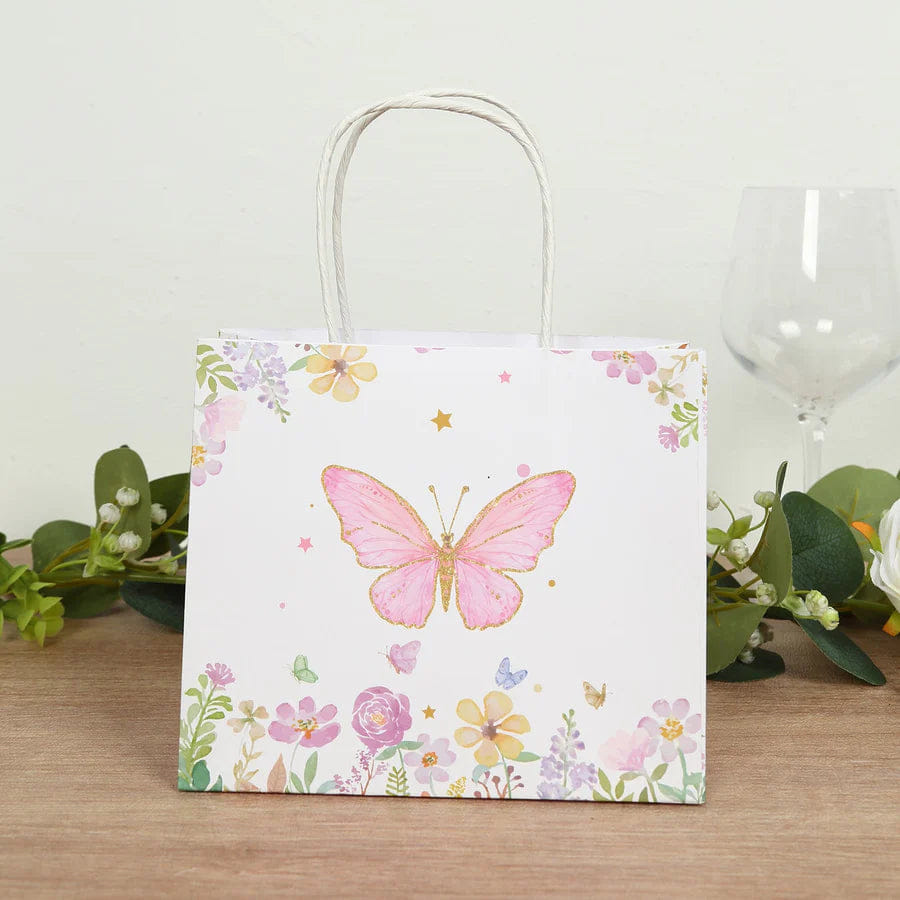 BUTTERFLY 12 Pack Pink Glitter Butterfly Paper Favor Bags with Handles, Floral Print White Goodie Gift Bags - 6"x7"