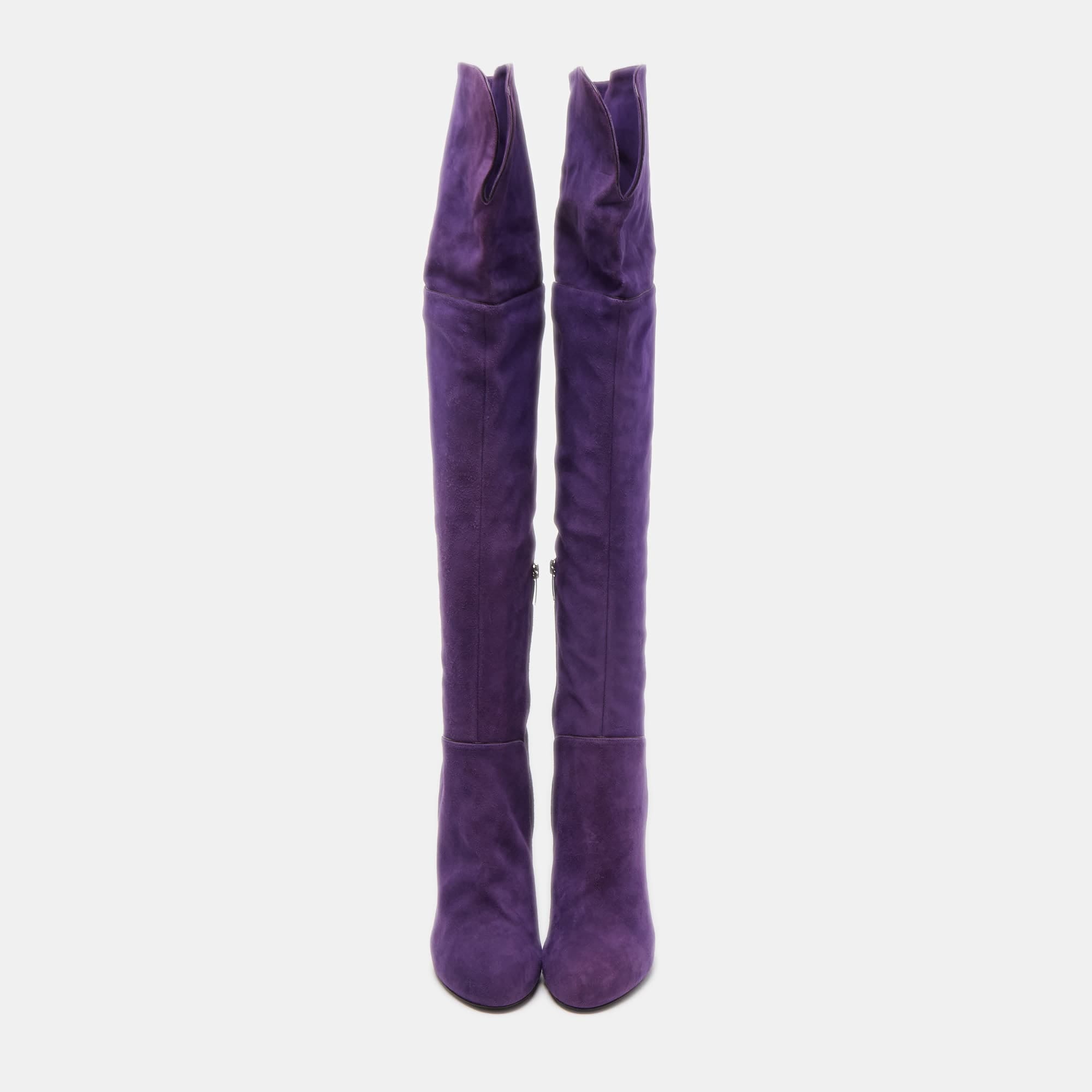 Sergio Rossi Purple Suede Zip Detail Knee Length Boots