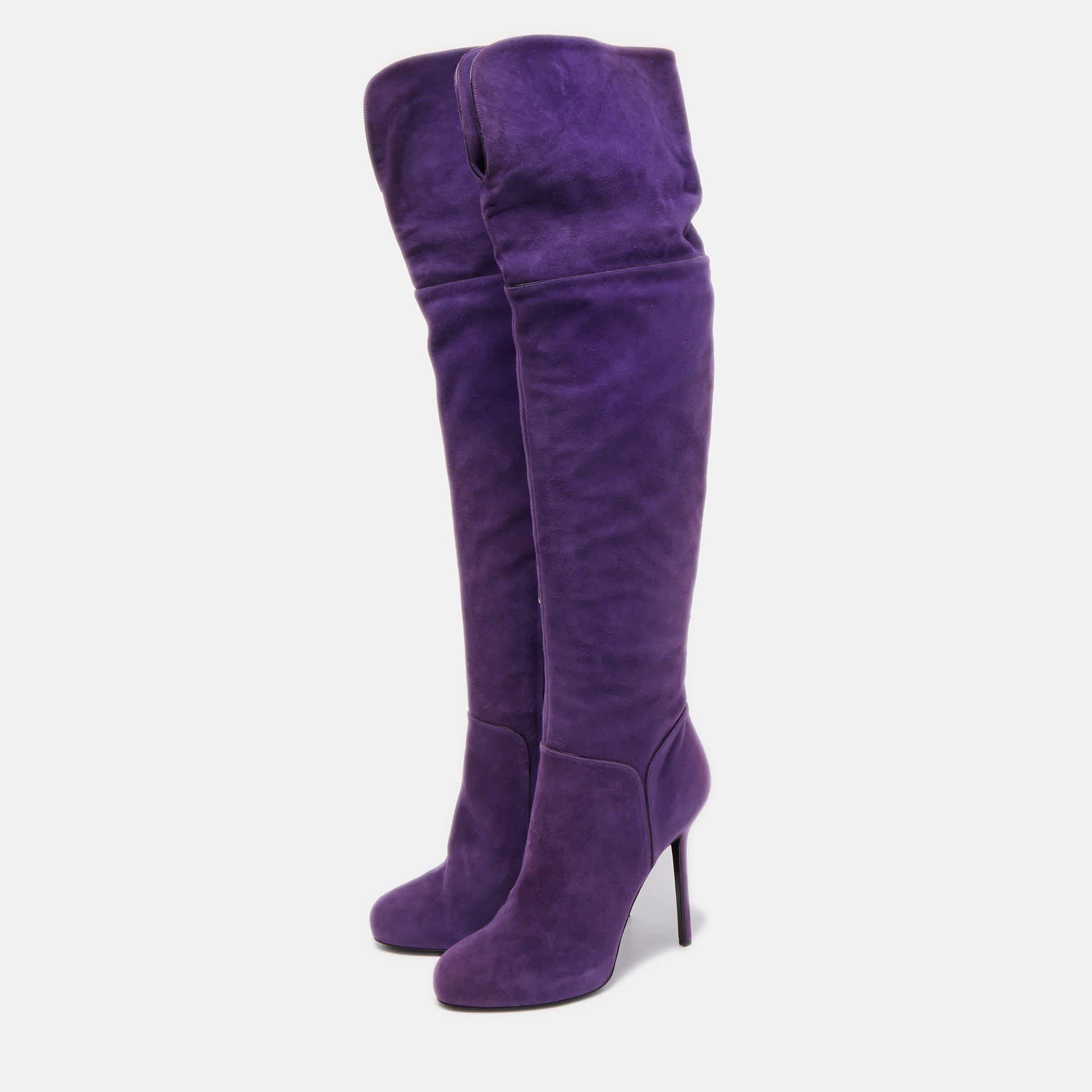 Sergio Rossi Purple Suede Zip Detail Knee Length Boots