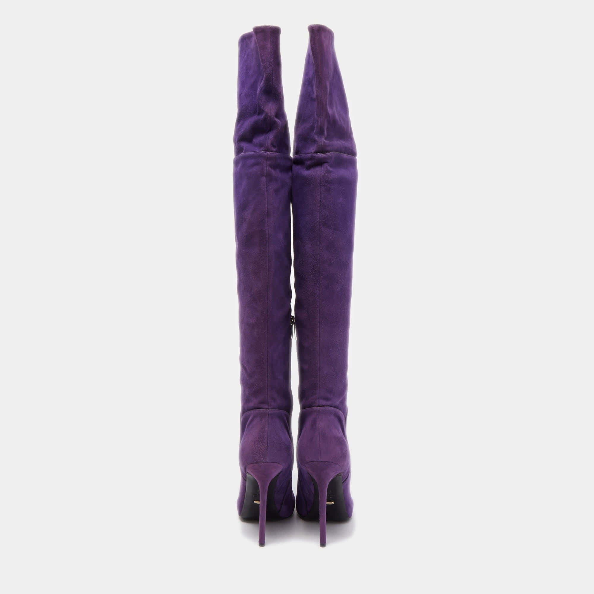 Sergio Rossi Purple Suede Zip Detail Knee Length Boots