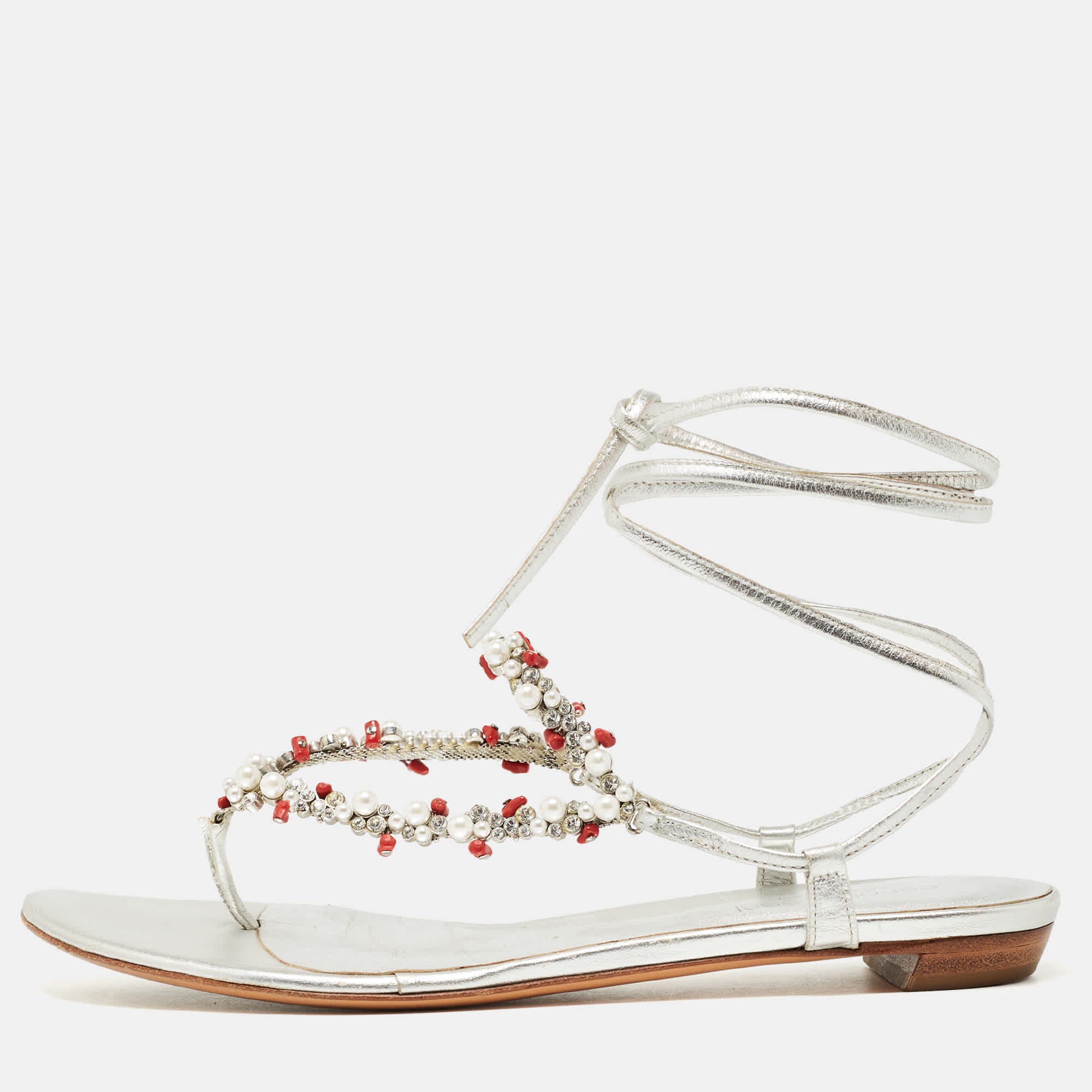 Sergio Rossi Silver Leather Crystal Embellished Ankle Wrap Flat Slides