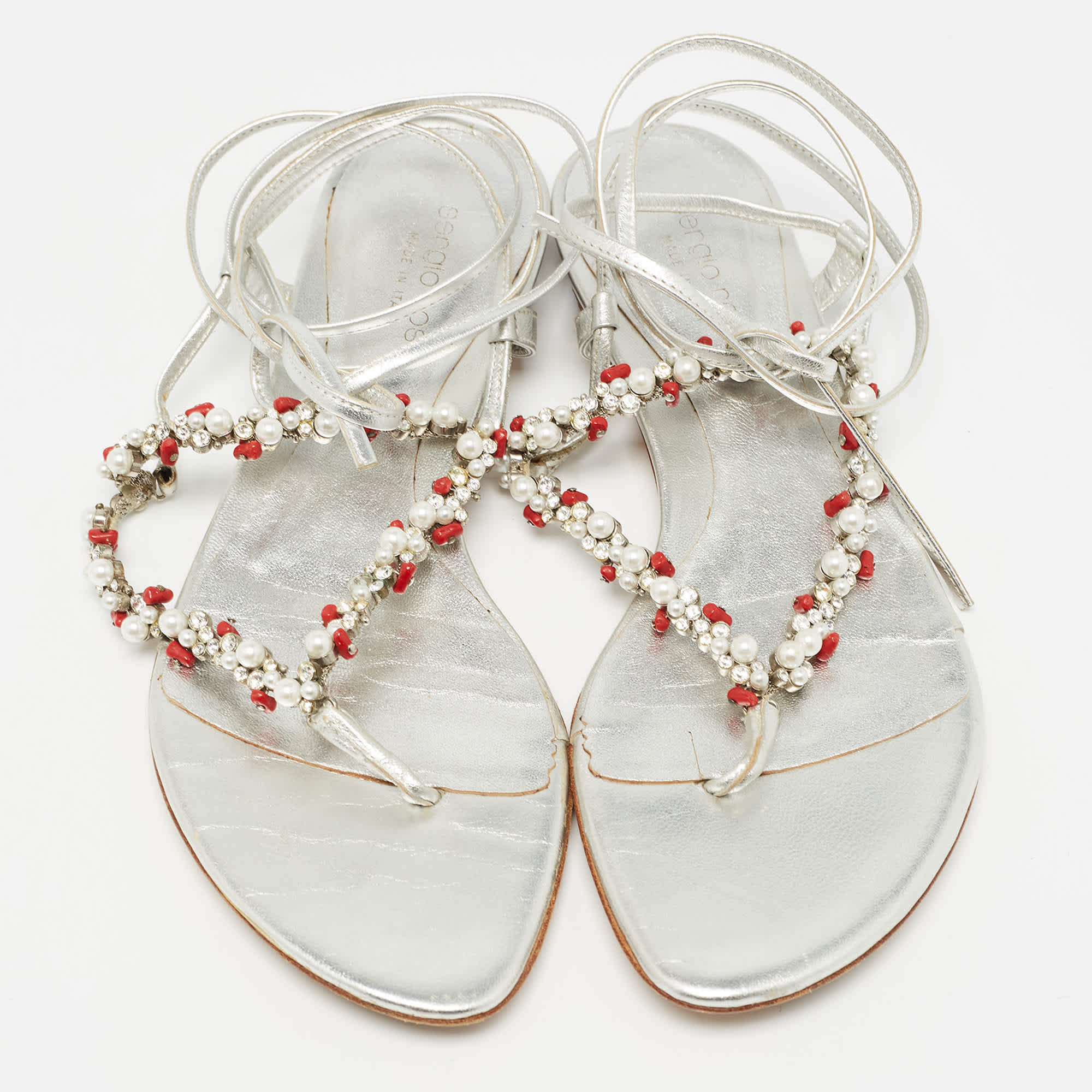 Sergio Rossi Silver Leather Crystal Embellished Ankle Wrap Flat Slides