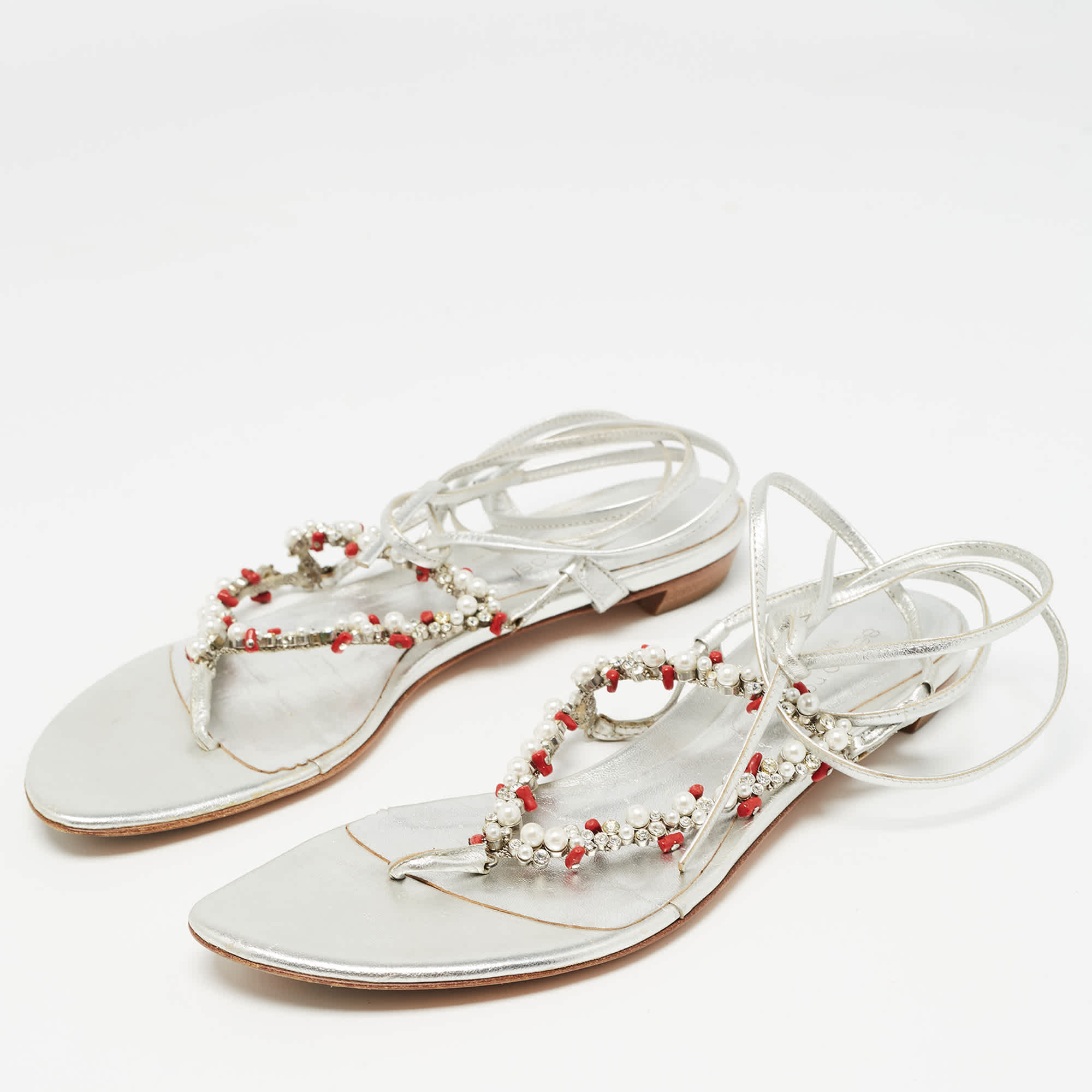 Sergio Rossi Silver Leather Crystal Embellished Ankle Wrap Flat Slides